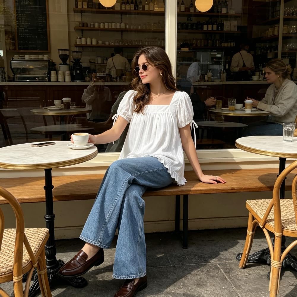 Generisch Camicetta da donna con scollo quadrato e maniche a sbuffo, casual e larga, con finiture in pizzo e dettagli sui polsini