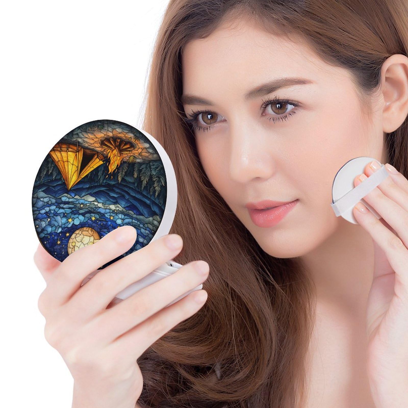 Hayyett Camp Fire And Tent Stained Glass Air Cushion Puff Box Portable Cosmetic Makeup Case Container,Loose Powder Foundation Container