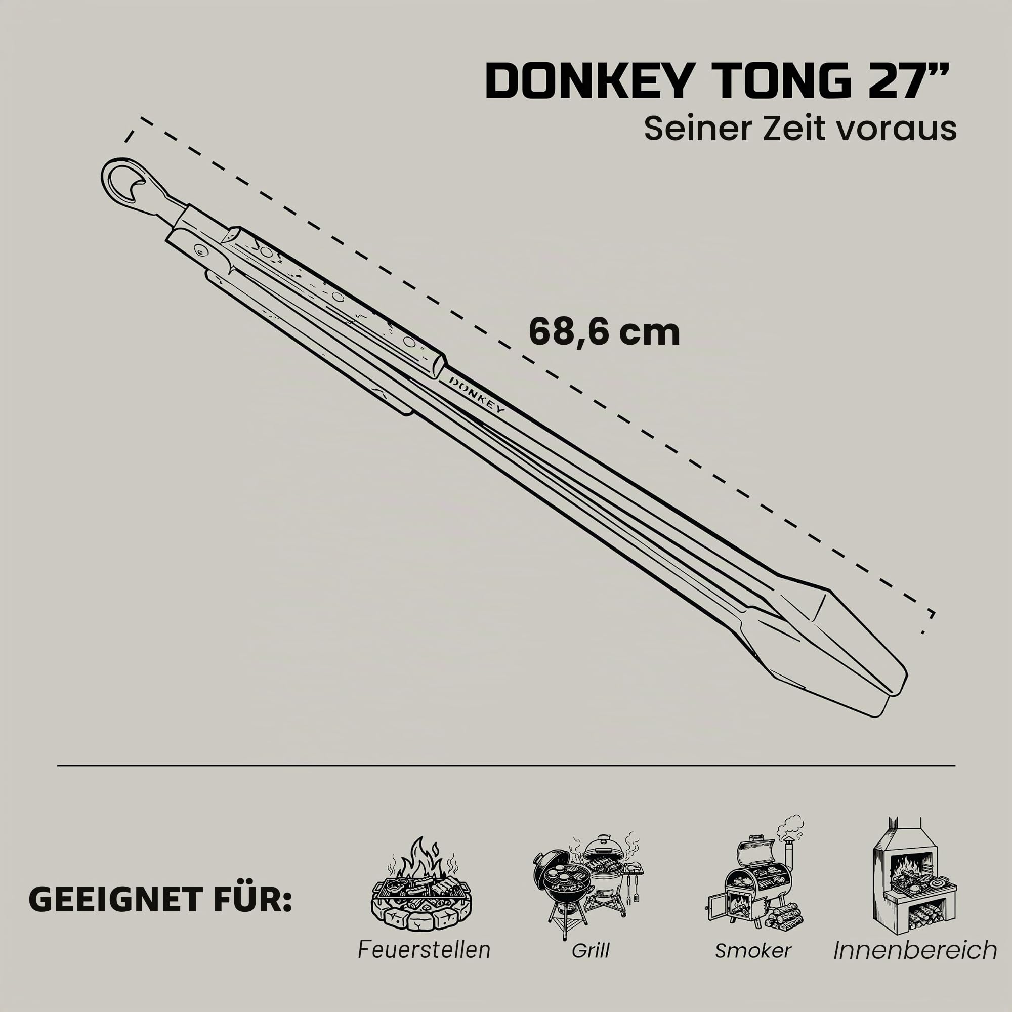 Donkey Tong 68,6 cm robuste Grillzange | Extra lange Grillzange mit Eichenholzgriff | Handgefertigte Fleischzange aus Edelstahl zum Grillen, Räuchern, Holzkohle & Lagerfeuer Kochen | Grillgeschenk für