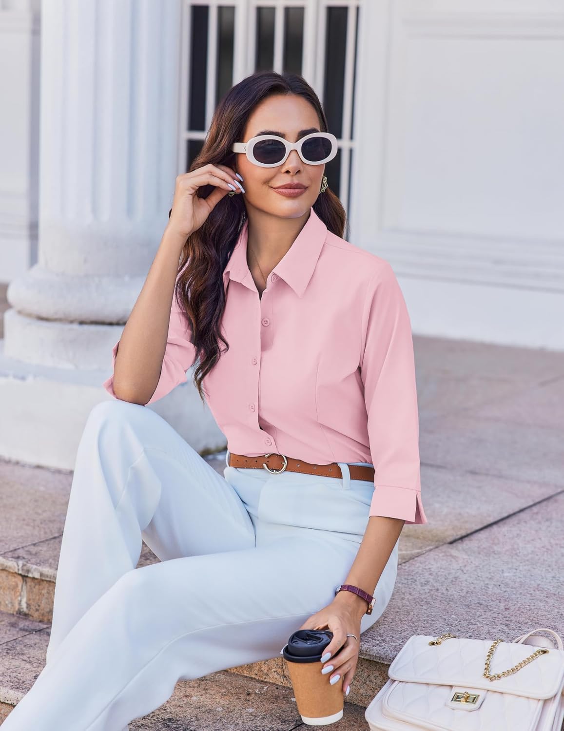 HOTOUCH Women Button Down Shirts 3/4 Sleeve Basic Business Dress Shirt Slim Fitted Classic V Neck Button Up Work Blouse Tops - Image 6