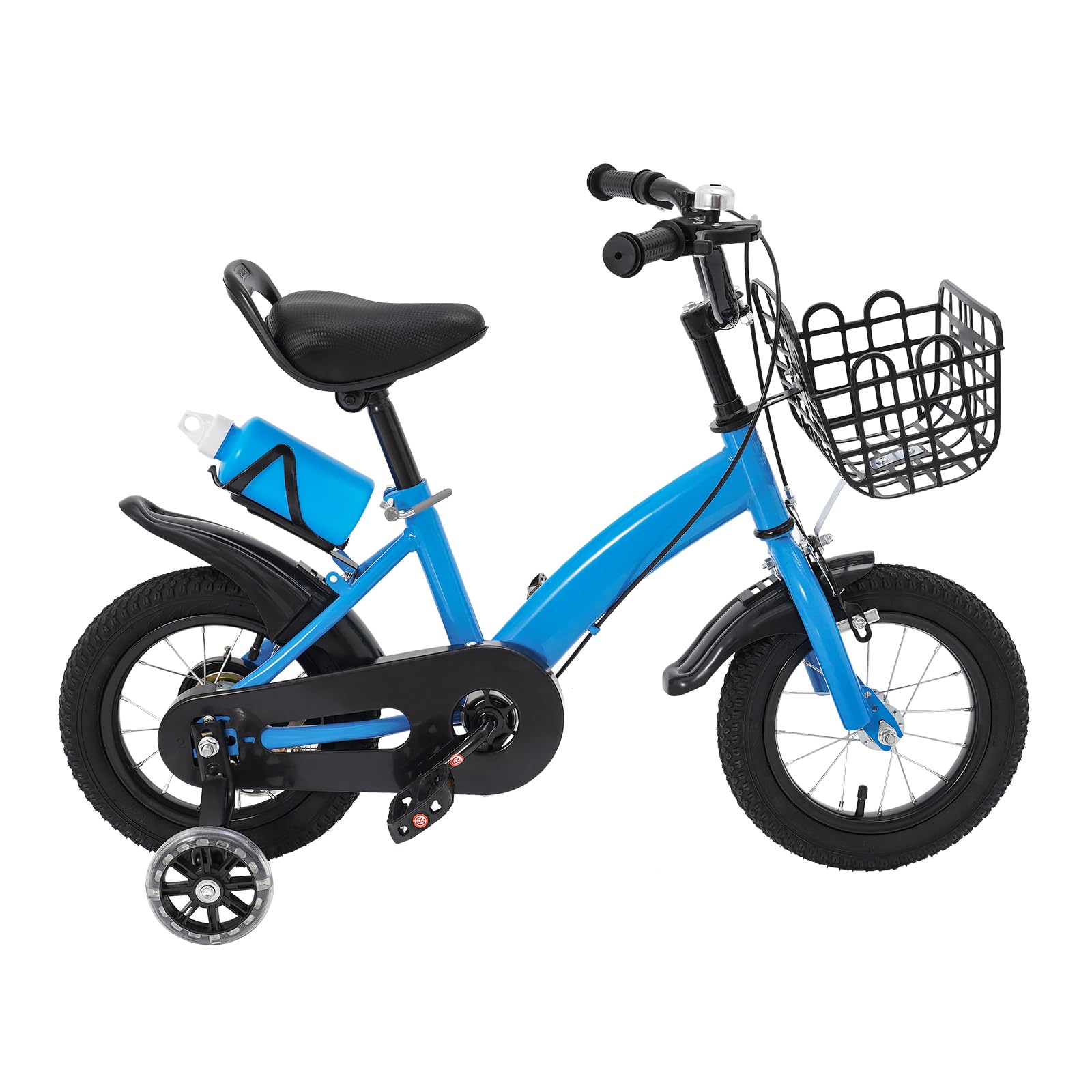 Bicicleta infantil de 12 pulgadas para niños y niñas, 2-5 años, altura ajustable, con ruedas estabilizadoras, cesta y botella de agua, freno delantero y trasero, protector de cadena, rueda