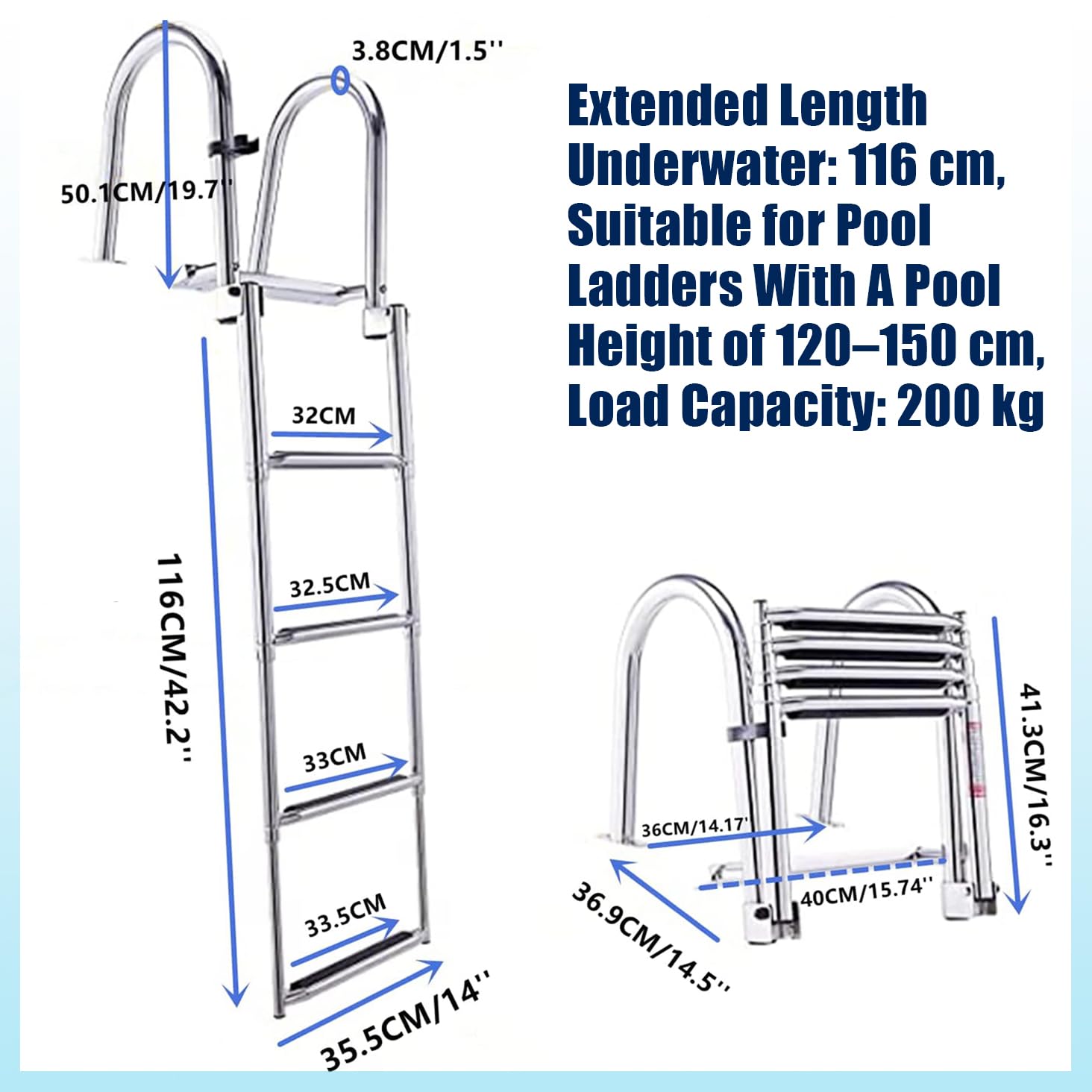 Scala Pieghevole per Piscina/Barca in 316 Inox Portata 200Kg | 4 Gradini Antiscivolo + Doppio Corrimano Arcuato, ideale sia per piscine domestiche che per barche, yacht e gommoni