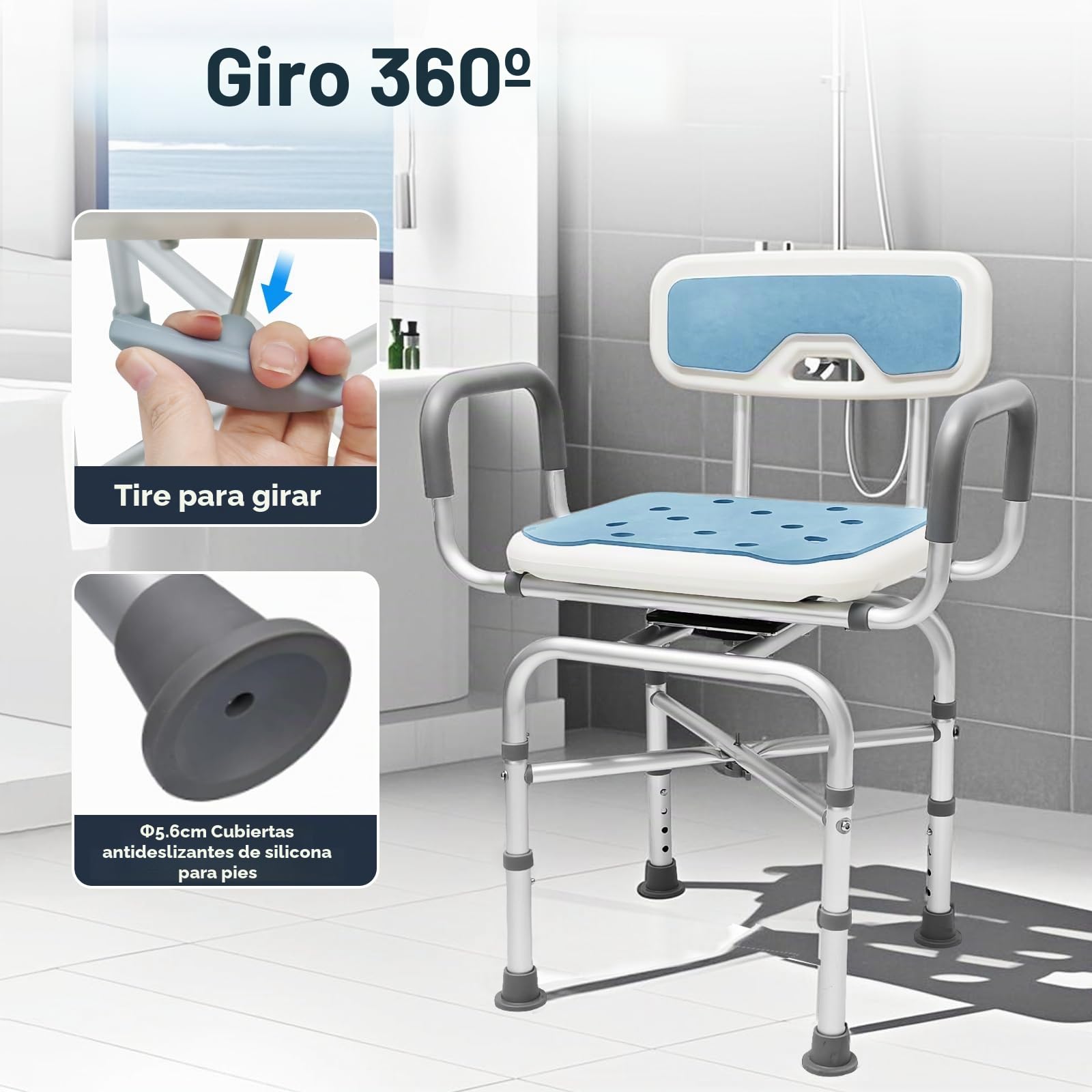 Silla de Ducha para Seniors, Taburete de Ducha con Respaldo, Asiento de Ducha para Embarazadas, Altura Ajustable, Ayuda de Ducha con pies Antideslizantes
