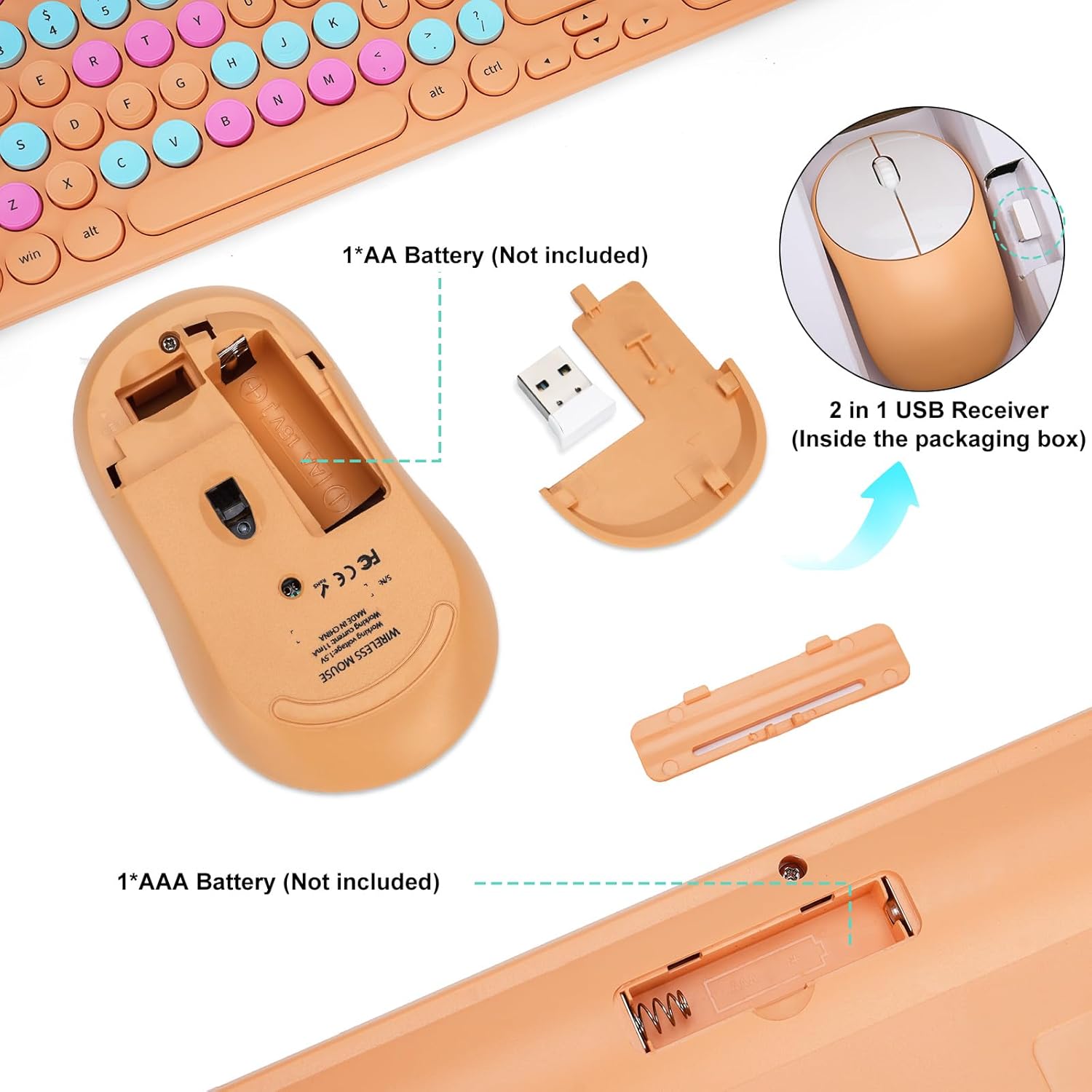 Wireless Keyboard and Mouse Combo, Retro Typewriter Keyboard with Round Keycaps, 2.4GHz USB Cute Wireless Keyboard Mouse for Computer, Desktop, Laptop and Computer (Orange Colorful)