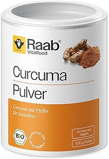 Raab Vitalfood Bio Curcuma-Pulver mit Curcumin und Piperin aus schwarzem Pfeffer, ohne Zusätze, vegan, 1x 100g Packung