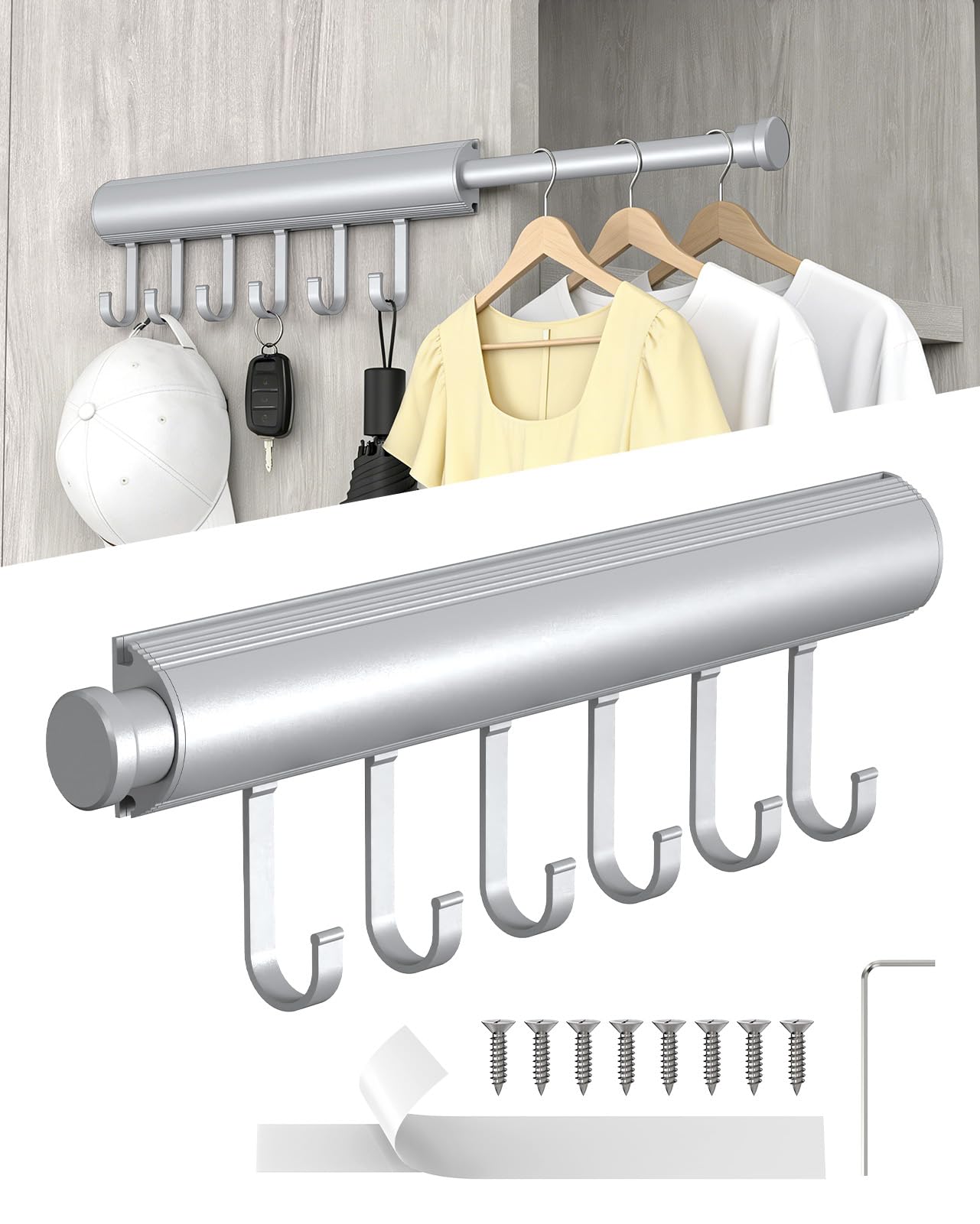 Photo 1 of 12 Inch Valet Rod for Closet Pull Out, 6 Removable Hooks, Hidden Screws
