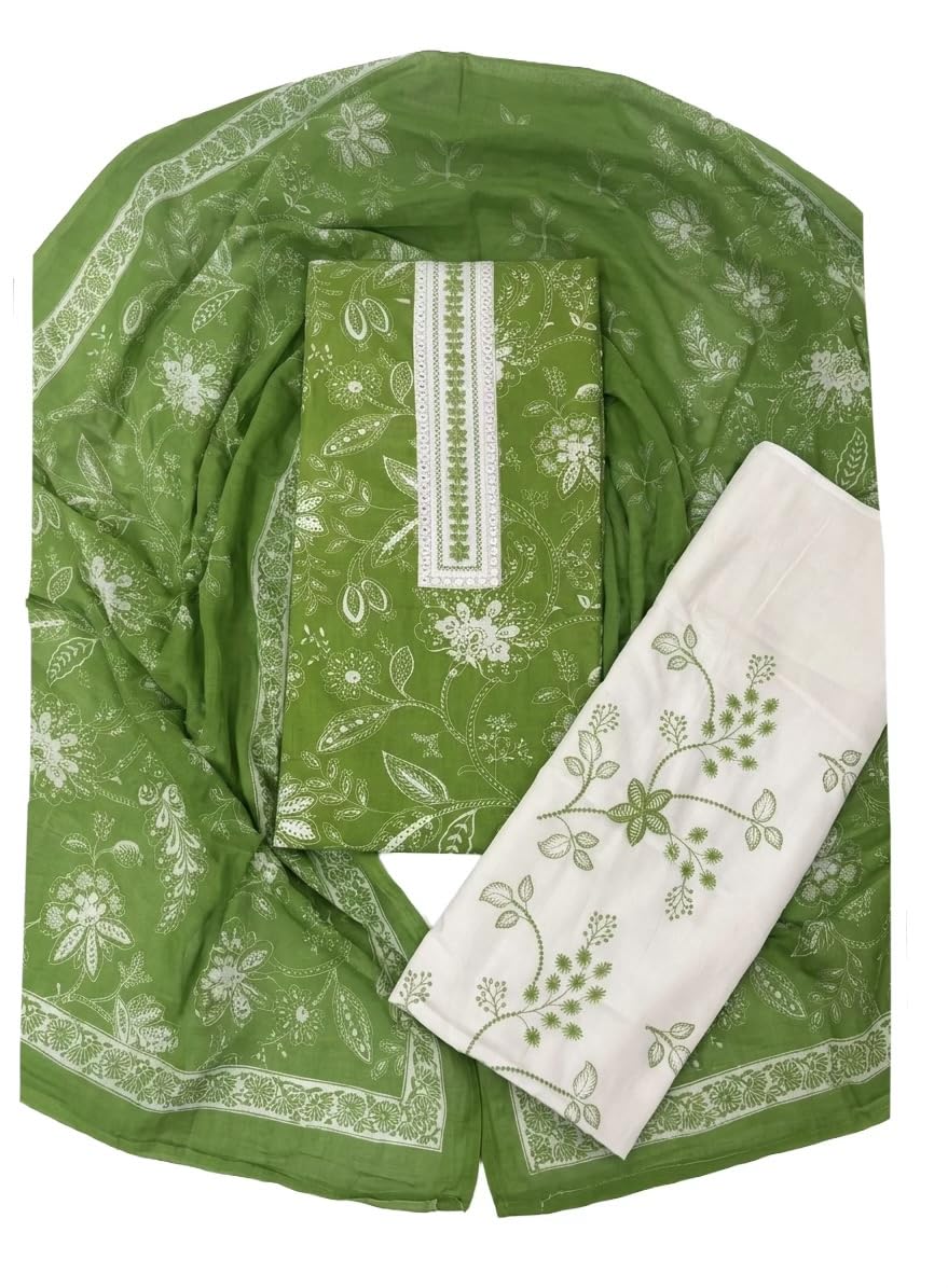 Green Premium Pure Cotton unstiched plazo Suit Set for Women with Bottom Work | Cambric Cotton Plazo/Pant Fabric | Soft Cotton Dupatta | Unstitched Dress Material (Top 2.4m, Bottom 2.3m, Dupatta 2.2m)-image-20