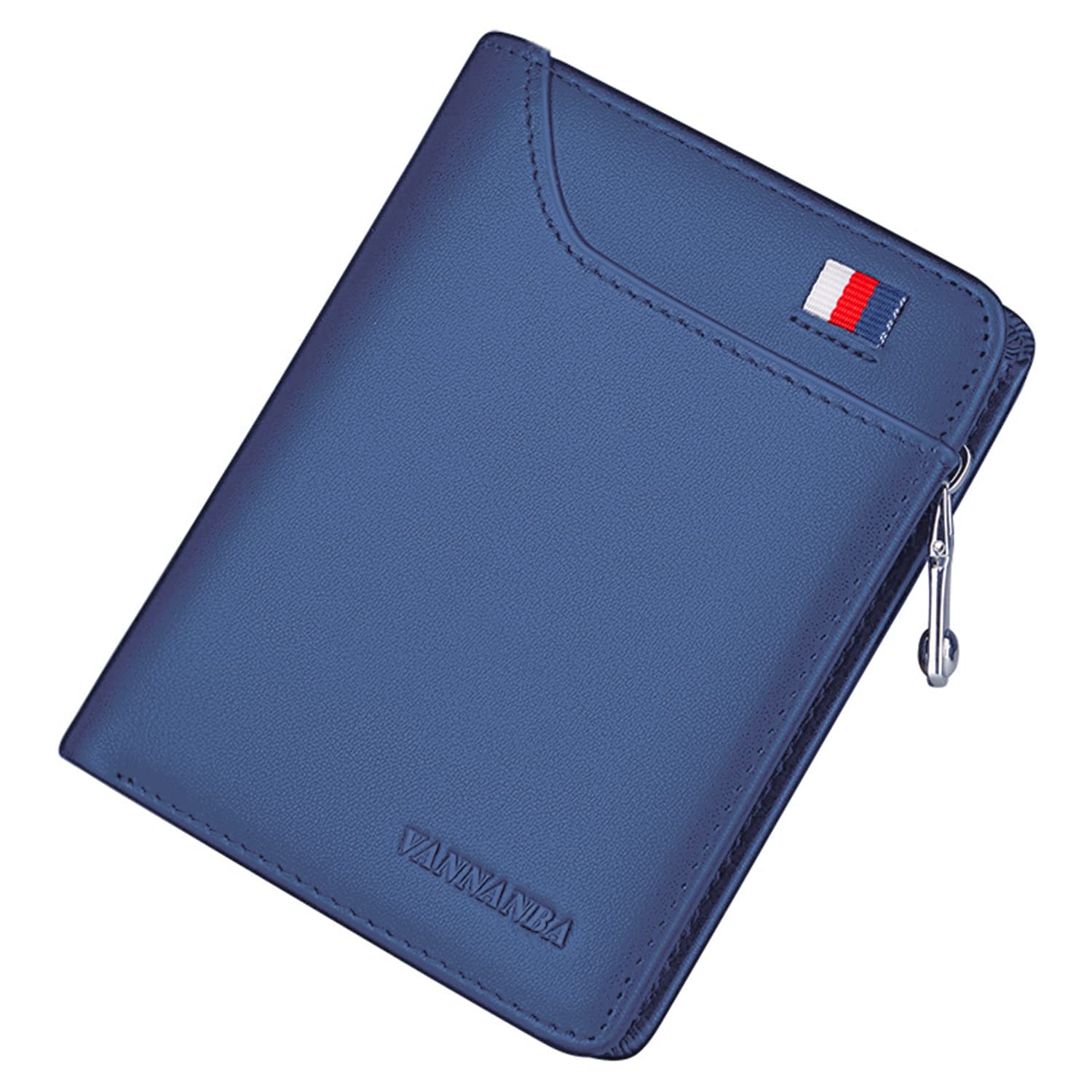 VANNANBA Men's Wallet with Zipper Genuine Leather Credit Card Travel Wallet with Coin Pocket(Sea Blue)