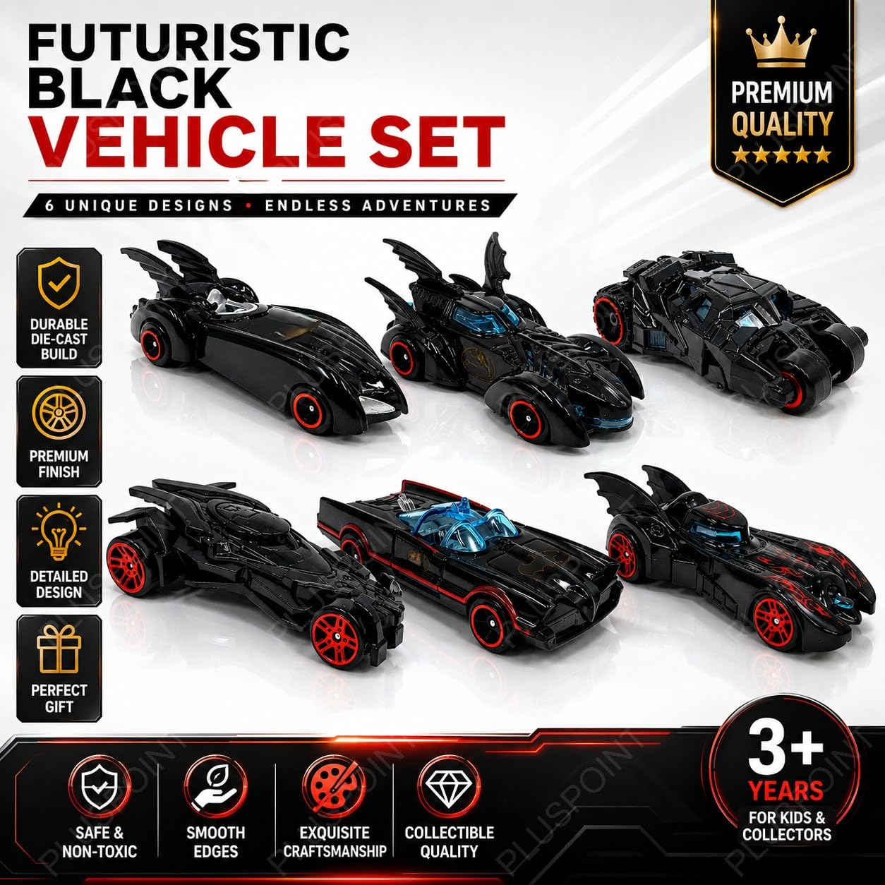 PLUSPOINT Black Super Hero Metal Cars Set Push N Go 6 Pc Vehicles, Racing Cars Play Set for Toddlers,Boys Die-Cast Car Set, Cake Decorations Topper Birthday Gift(Bat 6pc)