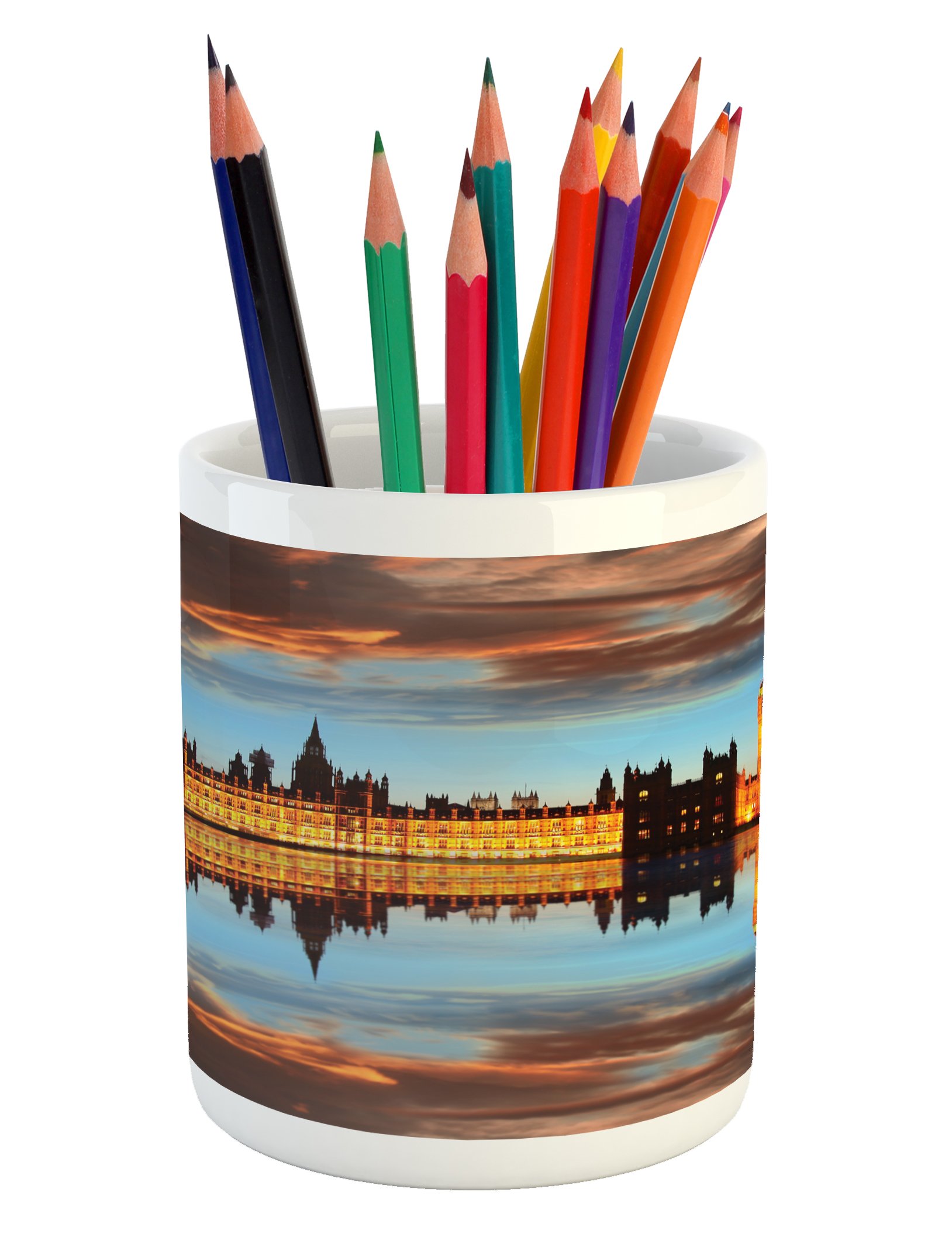 Lunarable London Pencil Pen Holder, Splendent Scene of Big Ben Westminster Cloudy Night Thames River Image, Printed Ceramic Pencil Pen Holder for Desk Office Accessory, Warm Taupe Orange Yellow