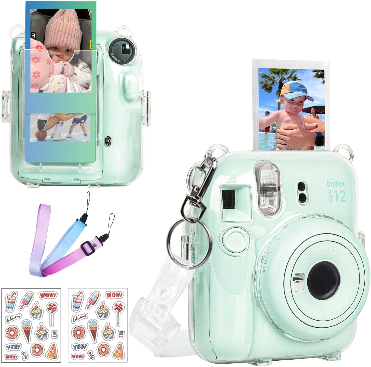 CAIYOULE Mini 12 Clear Case - Protective Camera Case Compatible For Fujifilm Instax Mini 12, Rigid PC Camera Case with Photo Storage, with 2 Straps and Stickers (No Camera)
