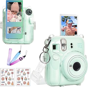 CAIYOULE Mini 12 Clear Case - Protective Camera Case Compatible For Fujifilm Instax Mini 12, Rigid PC Camera Case with Photo Storage, with 2 Straps and Stickers No Camera