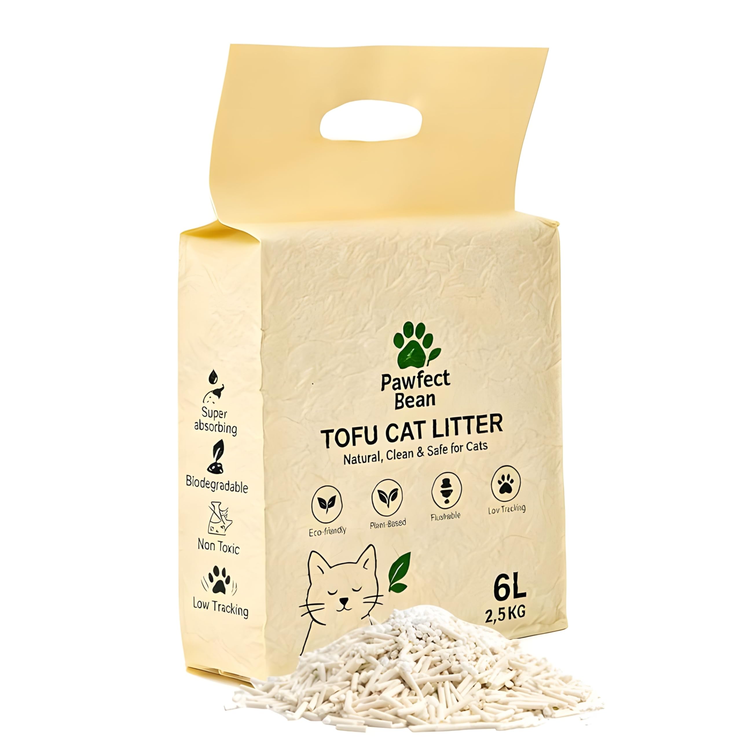 Pawfect Bean Premium Tofu Cat Litter – Delicate Milk Aroma, 100% Plant-Based, Superior Odour Control, Dust-Free & Low Tracking, Rapid Clumping, Ultra Absorbent, Biodegradable & Flushable (6L/2.5kg)