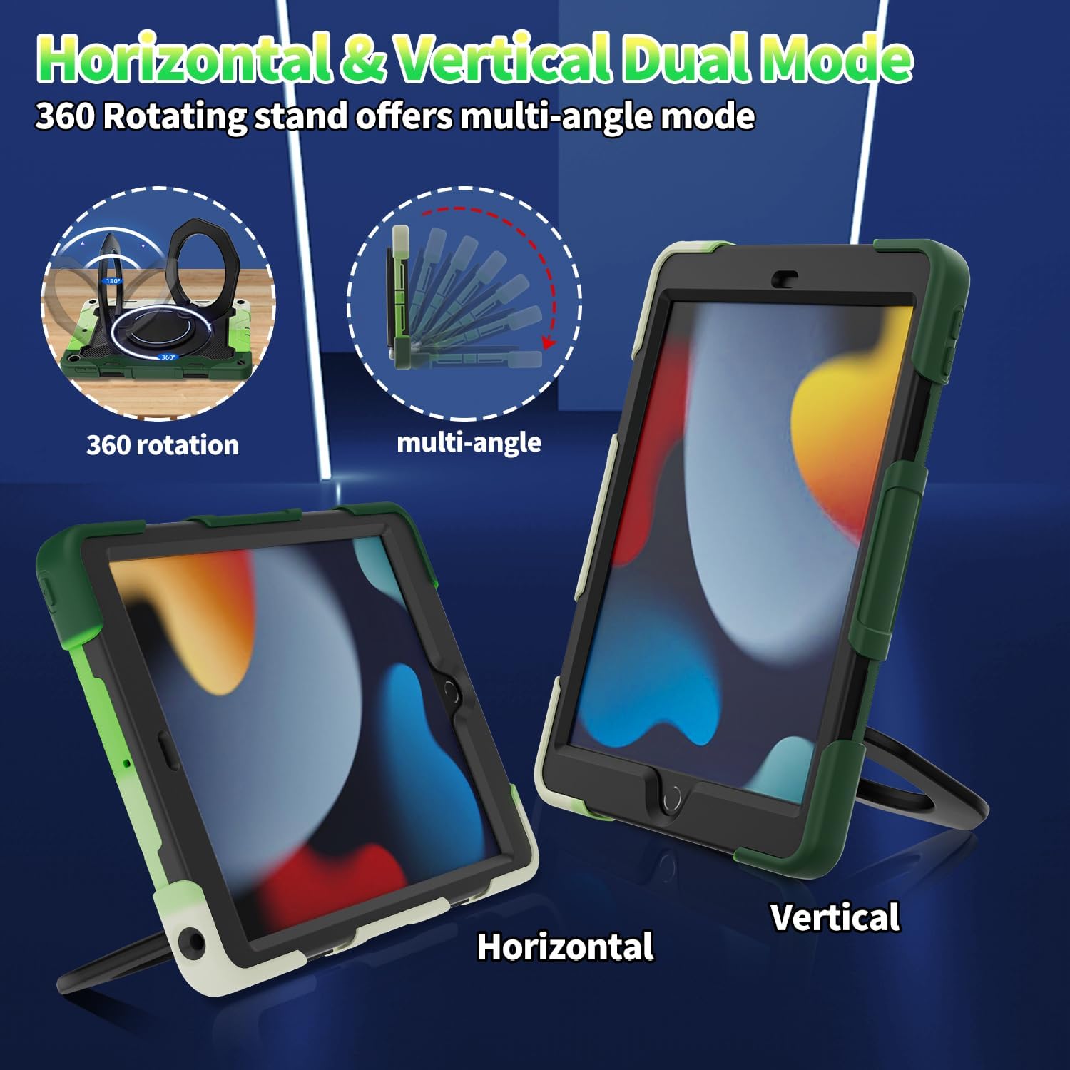 ROISKIN for iPad 10.2 Case 9th 8th 7th Generation with Screen Protector [15ft Drop Protection], 360 Rotating Kickstand Shoulder Strap Hand Grip Pencil Holder Kids Case for iPad 10.2 inch Case Green-Black