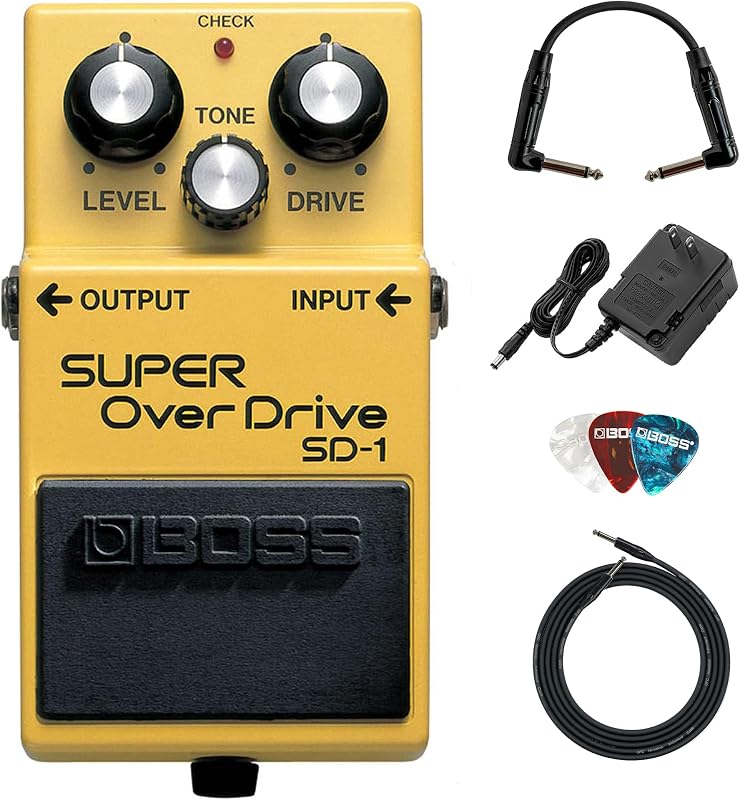 Boss SD-1 Super OverDrive Pedal Bundle with Gearlux Power Supply, Instrument Cable, Patch Cable, and BOSS Picks