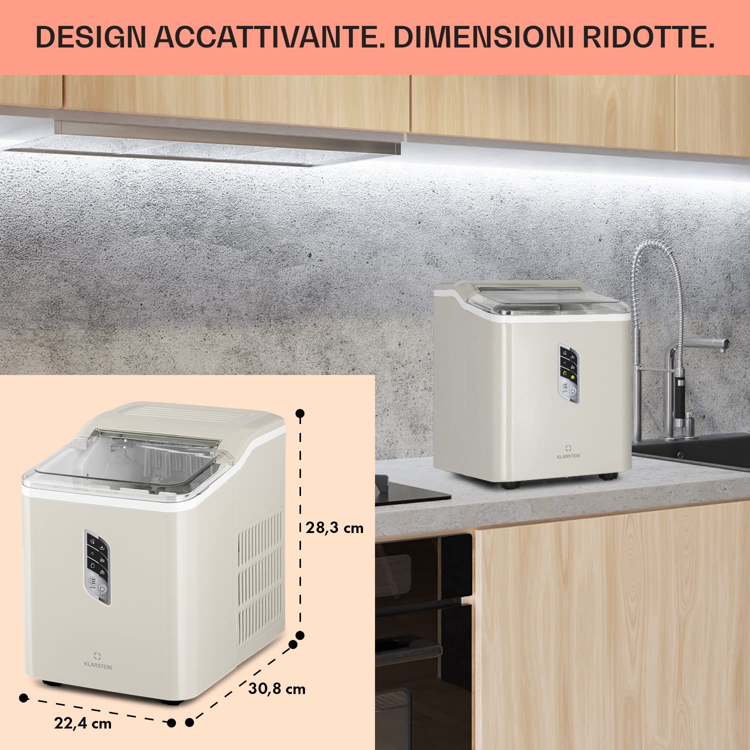 Klarstein Macchina del Ghiaccio Professionale 1.5L, Fabbricatore Ghiaccio Secco Fino a 12kg, Cubetti Grandi e Piccoli, Autopulente, Ice Maker per Casa