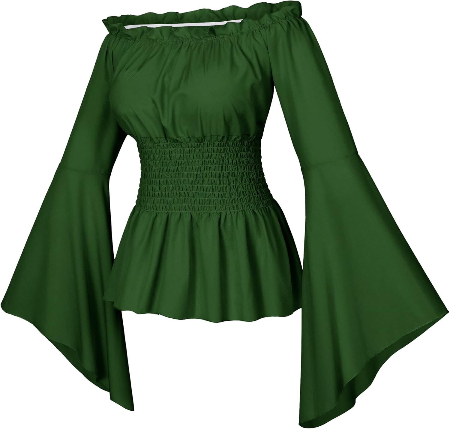 Womens Renaissance Victorian Peasant Ruffle Smocked Waist Boho Pirate Shirt Blouse with Belt Set - Image 6