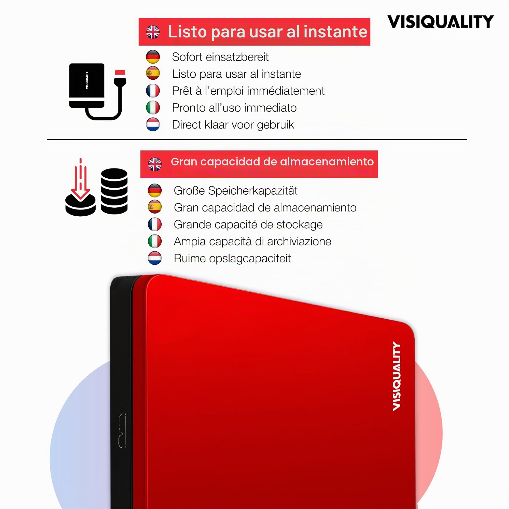 Disco Duro Externo de Alta Velocidad de 1 TB, USB 3.0, Compatible con Windows y Mac, Plug & Play, Compatible con Consolas de Juegos, Compacto, (Rojo)