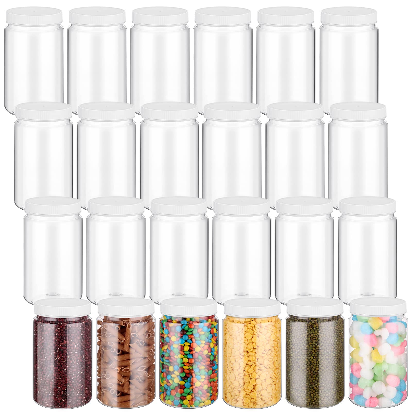 Lallisa Lot de 24 bocaux de rangement vides en plastique PET transparent avec couvercles nervurés pour cuisine, travaux manuels, beurre et miel - 946 ml
