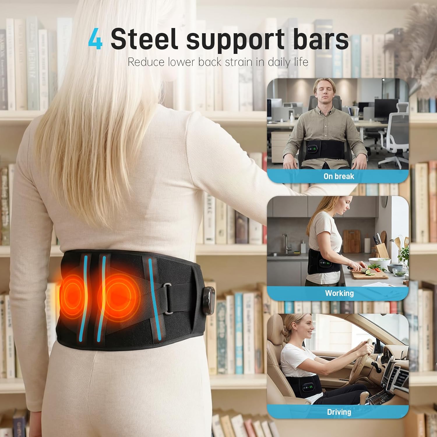 Cordless Heating Pad for Back, 47.2" Extendable Wearable Heating Pad with 3 Heat & Vibration Massage, 5000mAh Battery-Powered for Long Workdays & Cold Weather - Black