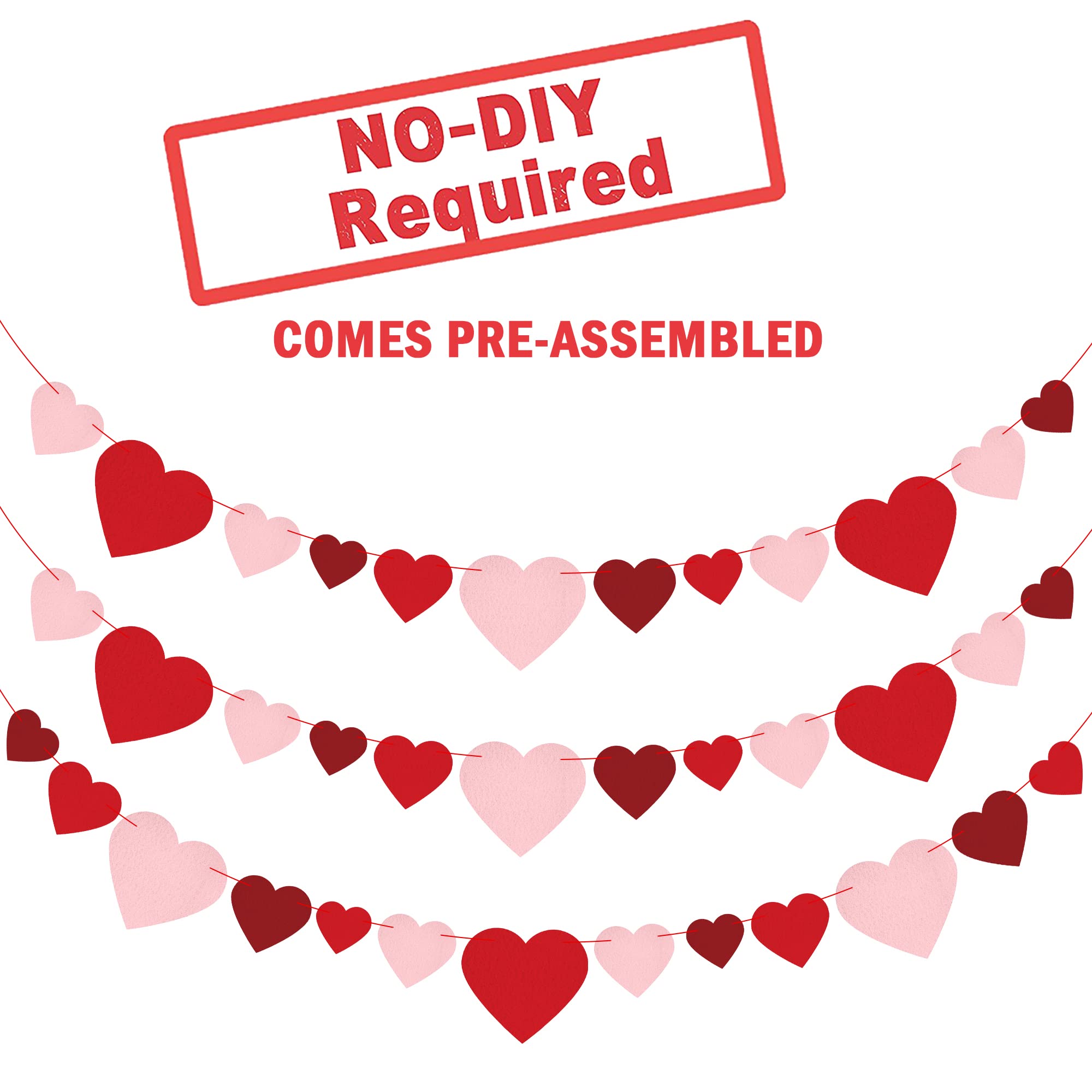 KatchOn Felt Valentines Day Garland - No DIY, 3 String, 8.2 Feet | Red Heart Banner, Galentines Day Decorations | Valentine Heart Decorations