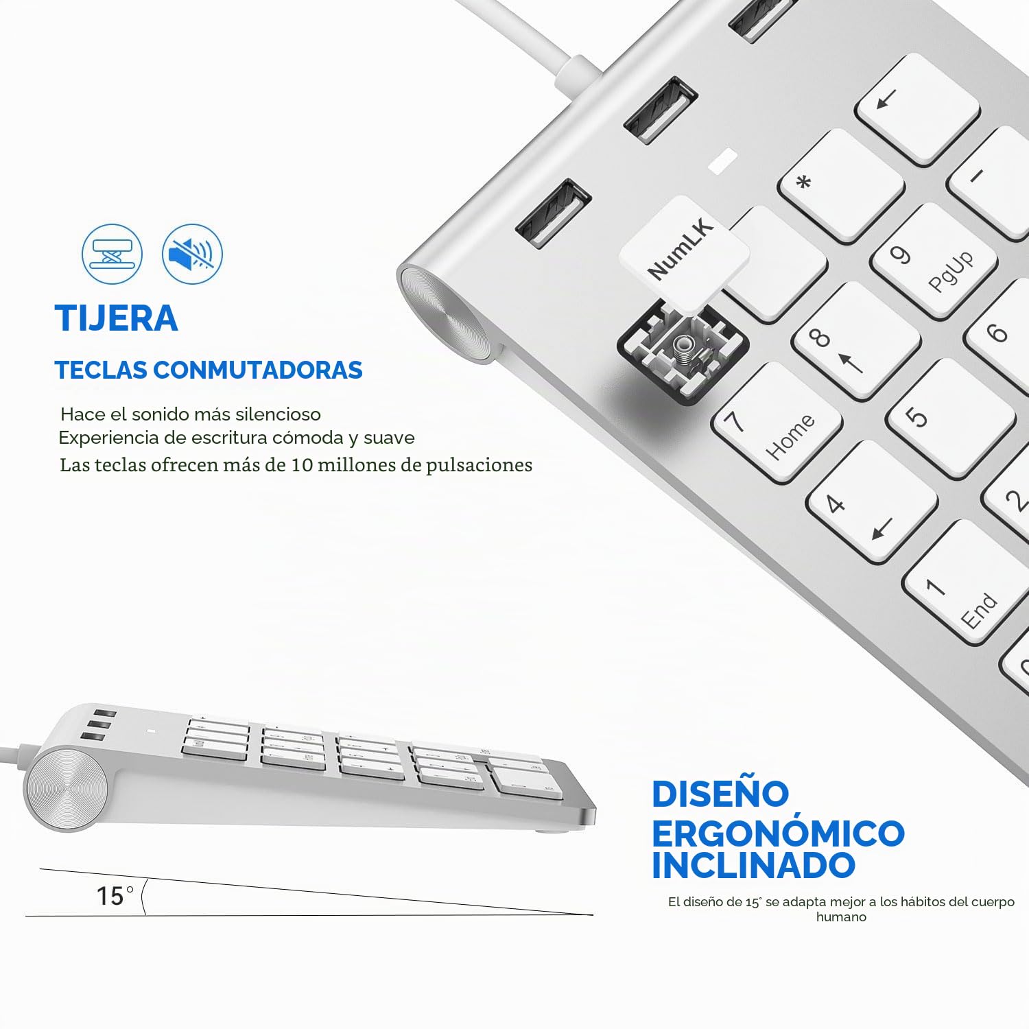 Teclado Numérico Cableado USB-C&USB-A Teclado Numérico 18 Teclas con 3 Puertos USB 2.0, Teclado Numerico para Laptop/Escritorio/Surface/iPad, TecladoNumérico USB para Windows/macOS/Chrome OS