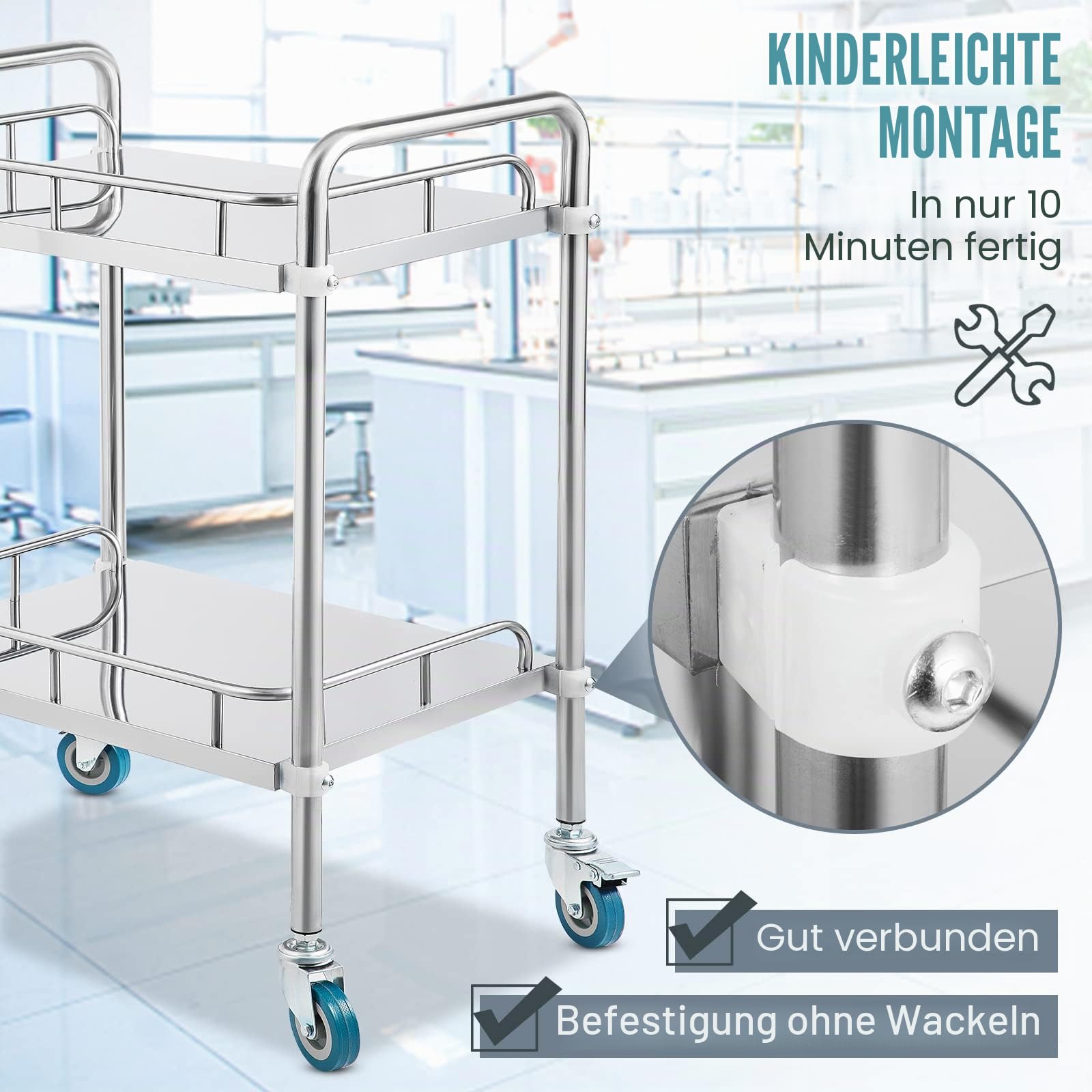 VEVOR Servierwagen Edelstahl Serving Lab Trolley 2 Böden Laborwagen Tragbar Abräumwagen Medical Dental Lab Cart Transportwagen Rollwagen Medizinisch Universalräder Zwei Fußbremsen Breite Anwendung