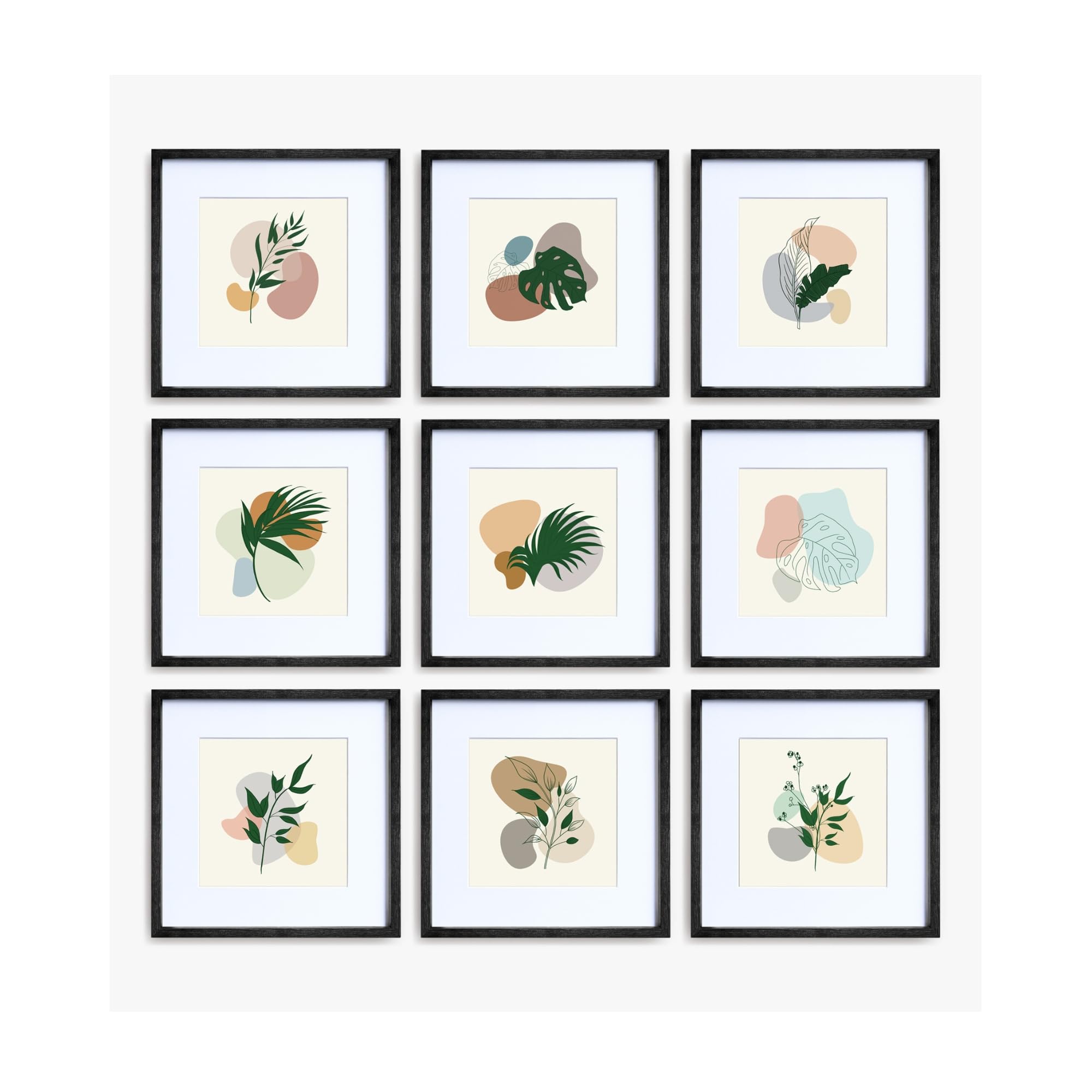 Nielsen Home Black Nielsen 9-Piece Wooden Picture Frame Gallery Set, 30X30cm With White Mount To Fit 8X8in, 20X20cm Photos, Hanging Wall Template Included