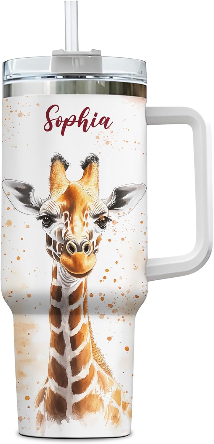 Hyturtle Personalized Giraffe 40oz Tumbler with Handle & Straw Gifts for Giraffe Lovers, Mother's Day Birthday Gifts for Women, Cute Animal Gift, Custom Name Stainless Steel Travel Cup With Lid