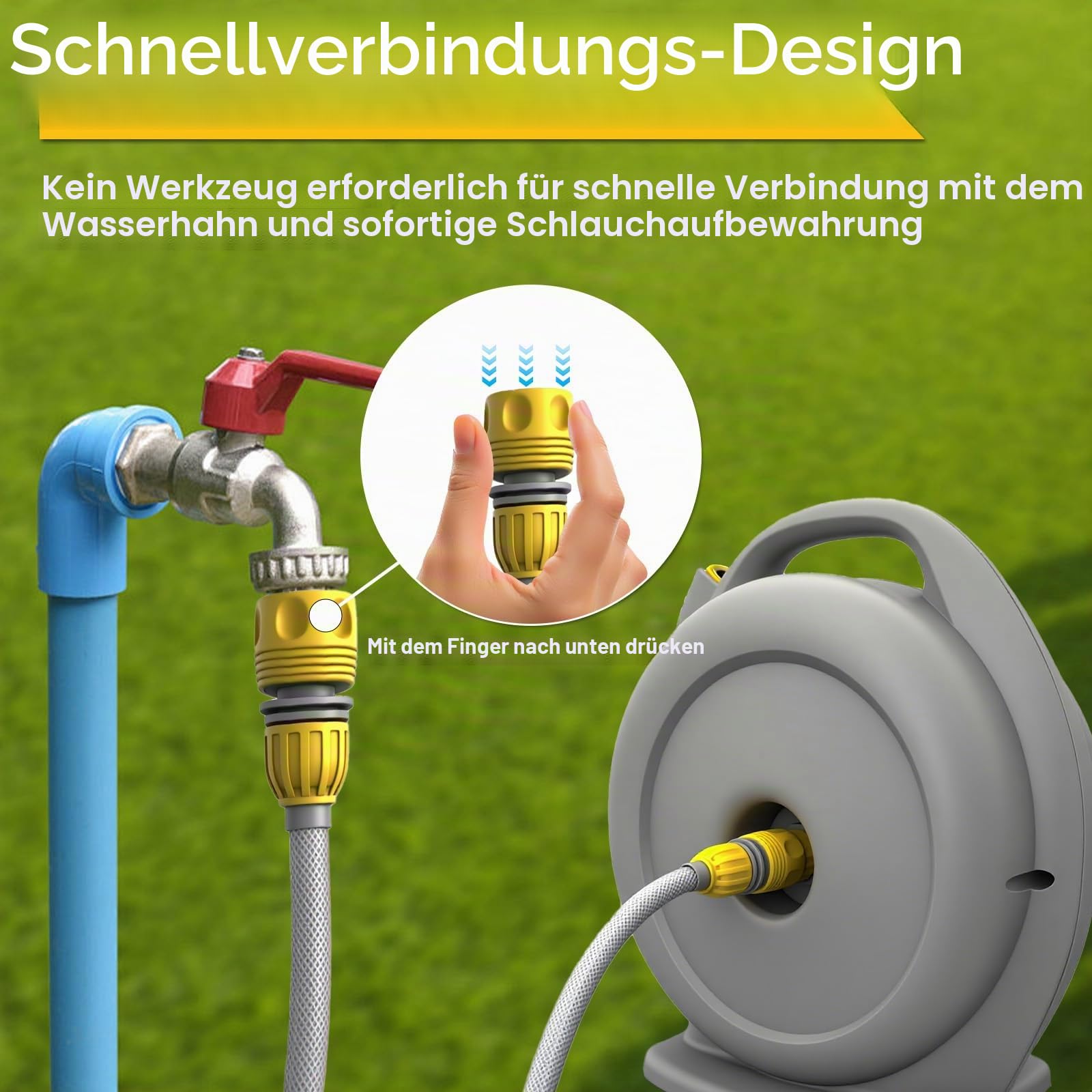 Garten Schlauchtrommel, Mobile Einziehbarer Gartenschlauch, Schlauchaufbewahrung mit 10-Funktionen-Multi-Handbrause, Schlauchaufroller für Ordentlich und tragbar, mit 15m Gartenschlauch