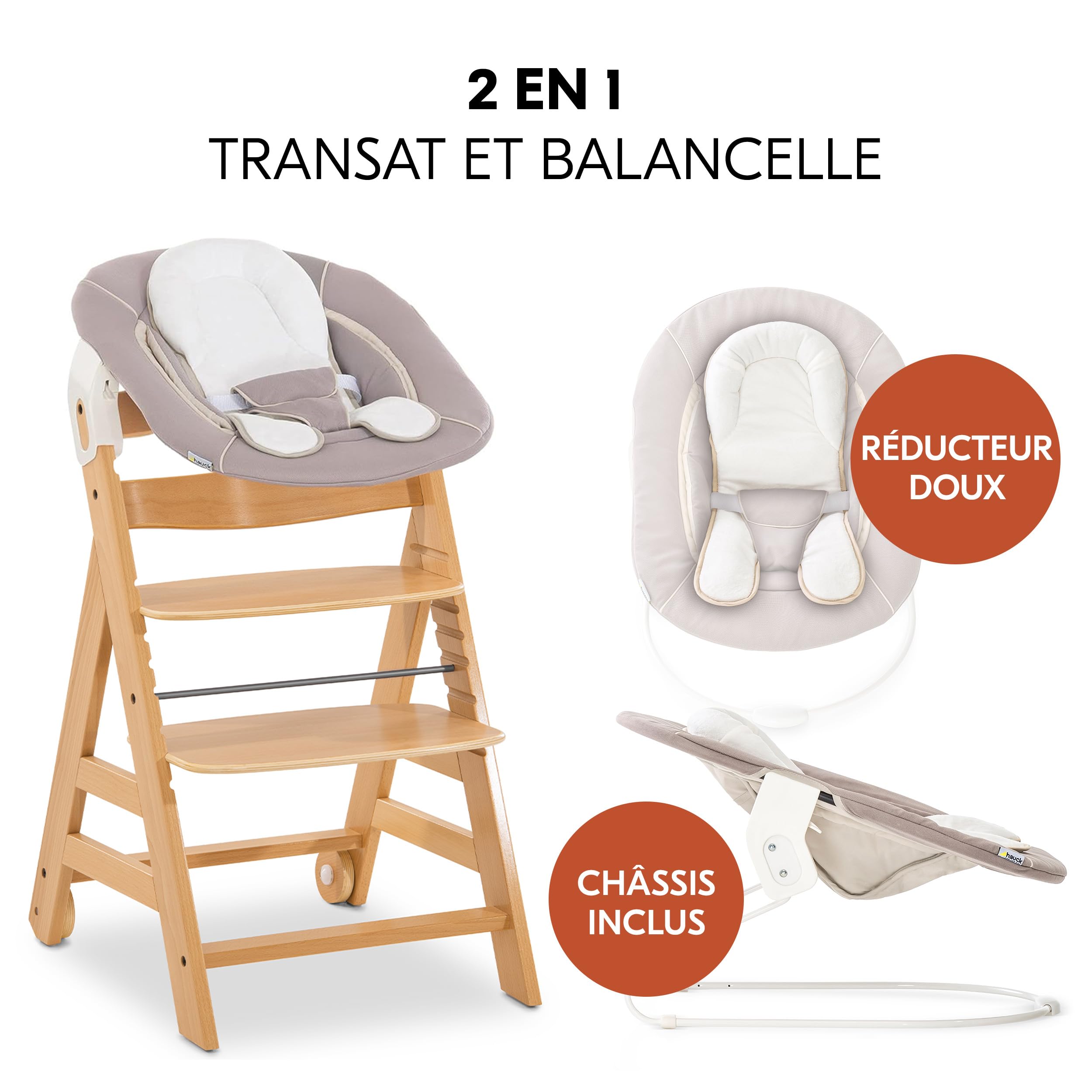 hauck Chaise Haute Bébé Alpha Move avec Siège Nouveau-né 2 en 1 - Natural | Chaise haute évolutive en bois, de la naissance à 90 kg, inclus assise bébé, coussin, plateau repas, roues