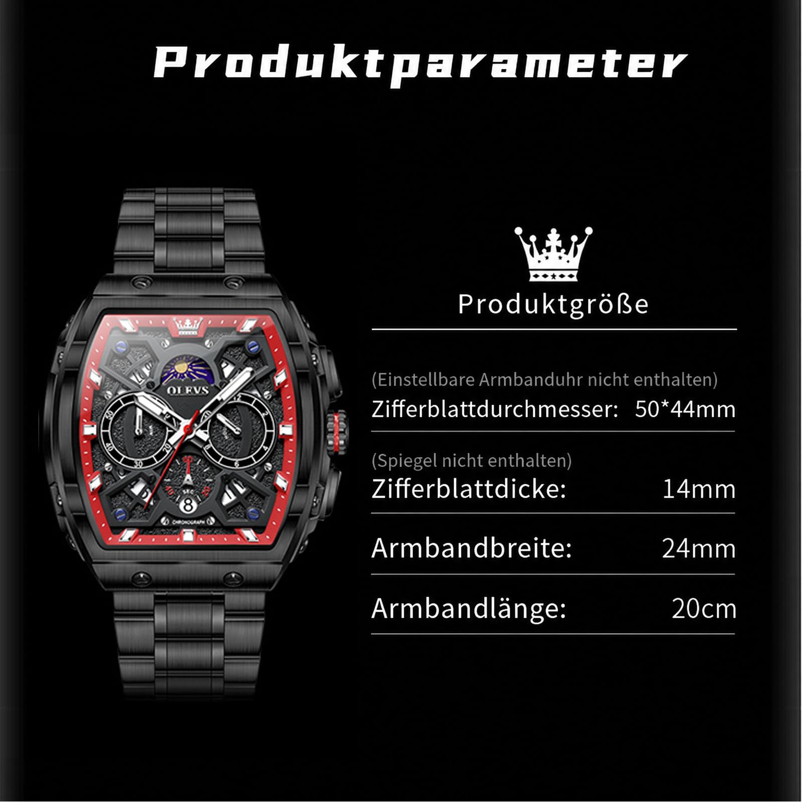 OLEVS Orologio da uomo con cronografo, grande quadrato, in acciaio inox, al | Tonneau Design, orologio da polso con grande quadrante da 44 mm, impermeabile fino a 30 m, con fase lunare, luminoso