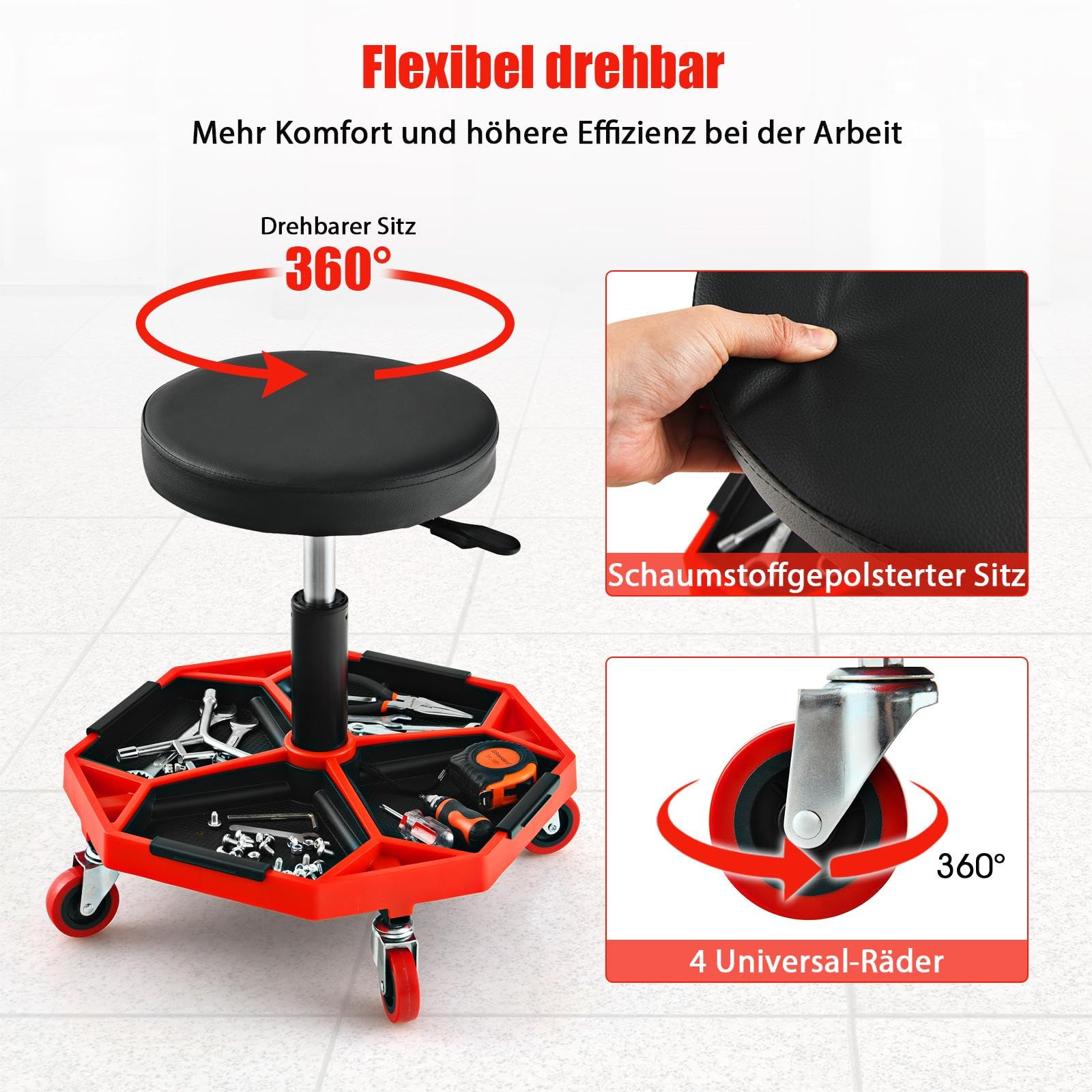 SOARS Sgabello da officina con ruote, regolabile in altezza, 41-55 cm, con ripiano magnetico rimovibile, portata fino a 150 kg