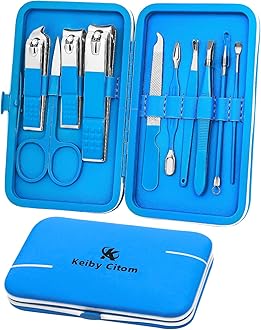 Manicure Set, Travel Mini Nail Clippers Kit Pedicure Care Tools, 10pcs Stainless Steel Grooming kit (Blue)