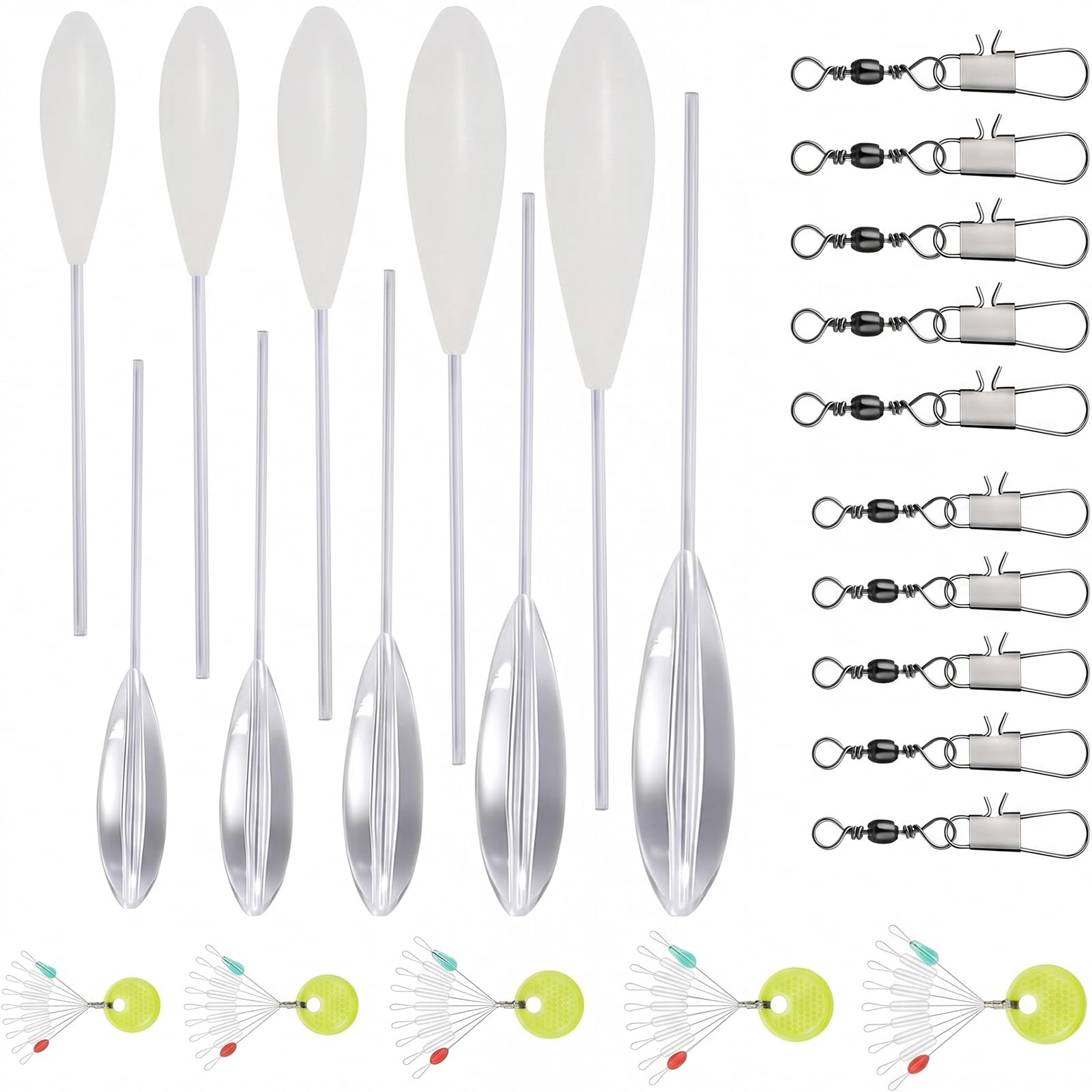 GETRICH 25 Stück Sbirolino Set 5 Pcs Sbirolino Schwimmend 5 Pcs Spirolino Sinkend 6/8/10/15/20g und 5 Größen Schnurstopper Angeln 10 Dreifachwirbel Spirolino Forelle Set für Seichter Fische Grund