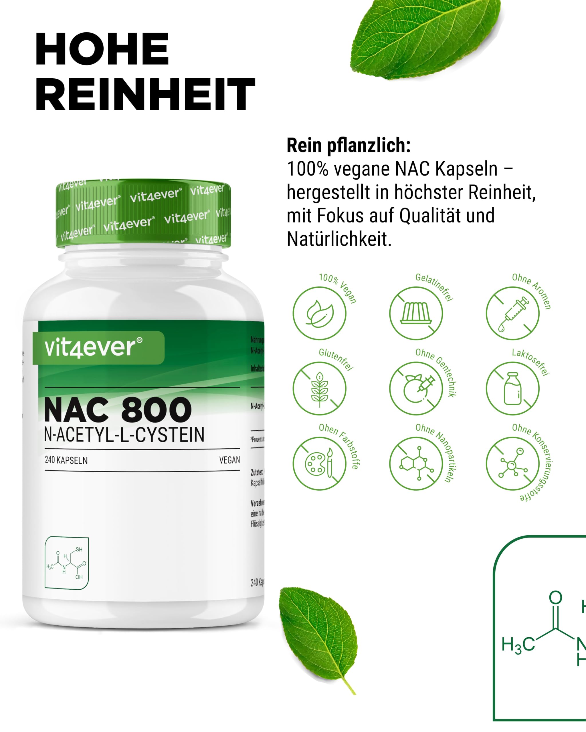vit4ever NAC - N-Acetyl L-Cystein - 240 Kapseln je 800 mg | 800 mg pro Kapsel, 8 Monatsvorrat, natürliche & pflanzliche Form, Premium Qualität mit über 99% Reinheit, Hochdosiert, Vegan
