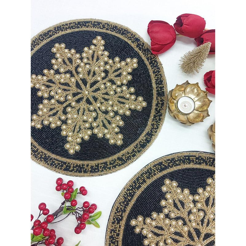 MFU Made For You Handcrafted Beaded Round Placemat, Table Mat – Black & Gold Floral Design, Elegant Decorative Dining Table Runner for Home, Coffee Table, Festivals & Special Occasions (Pack of 1)