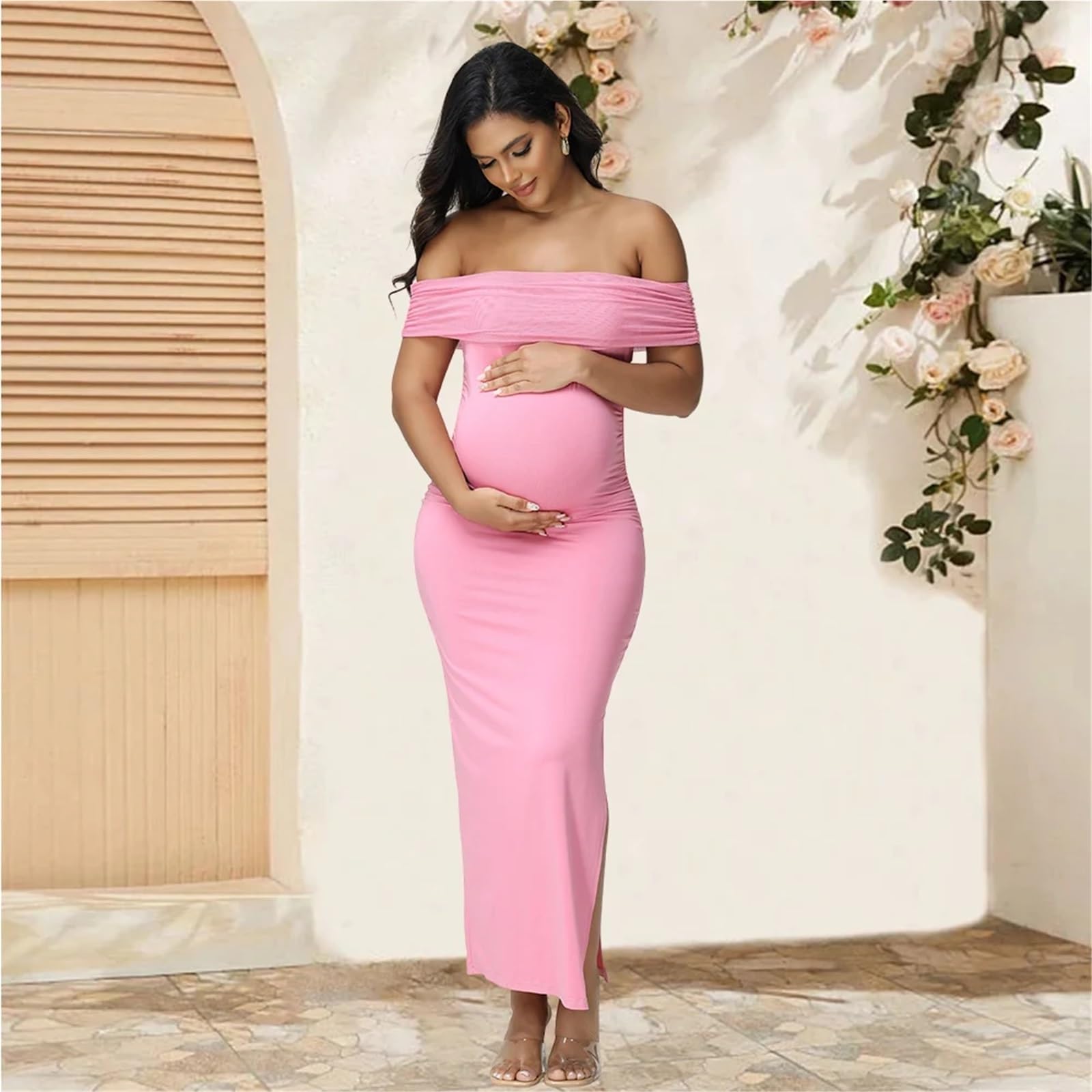 Vestido de Embarazo Vestidos de Maternidad Elegantes Ajustados, Vestido fotografía Embarazada, Malla con Hombros Descubiertos, Abertura Lateral, Ropa Fiesta Boda for Embarazadas