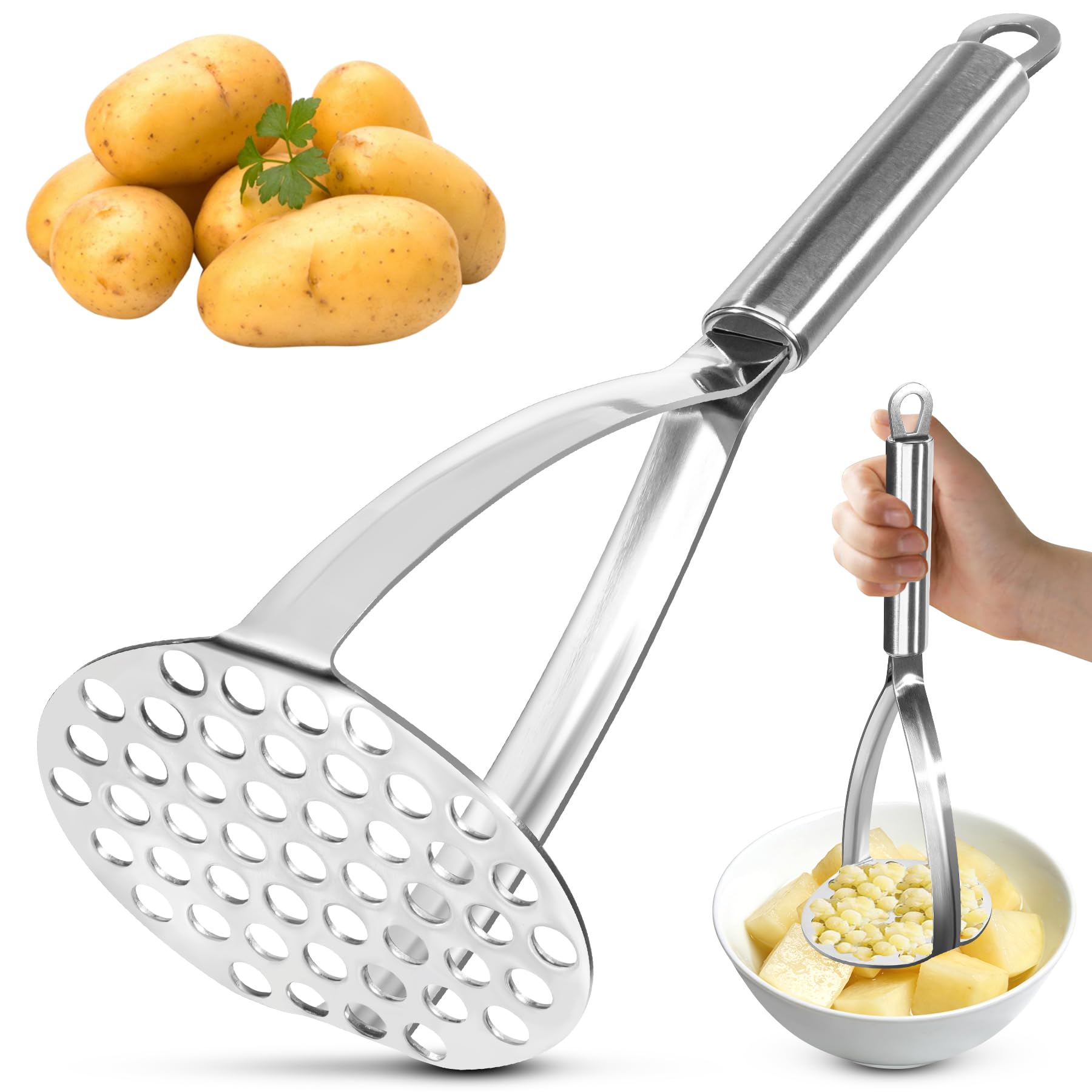 Potato Mashers, Potato Masher Full Food-Grade Stainless Steel Body, Sturdy Potato Ricer Masher Kitchen Food Masher, Versatile for Mashed Potato, Tomato Puree, Jam, Vegetable & Fruits