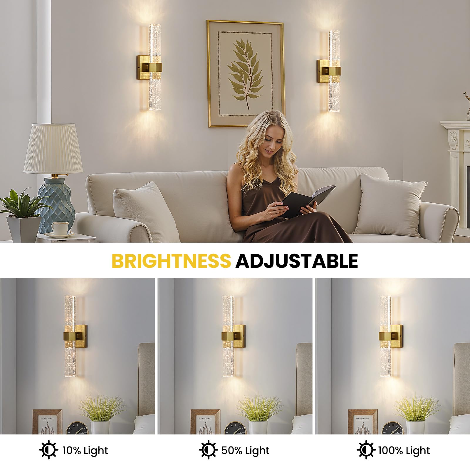 Juego de dos apliques de pared dorados, iluminación de pared LED regulable de 14 W, lámpara de baño con cristal de burbujas, luces de tocador de interior de 15.7 pulgadas para baño, pasillo, 2