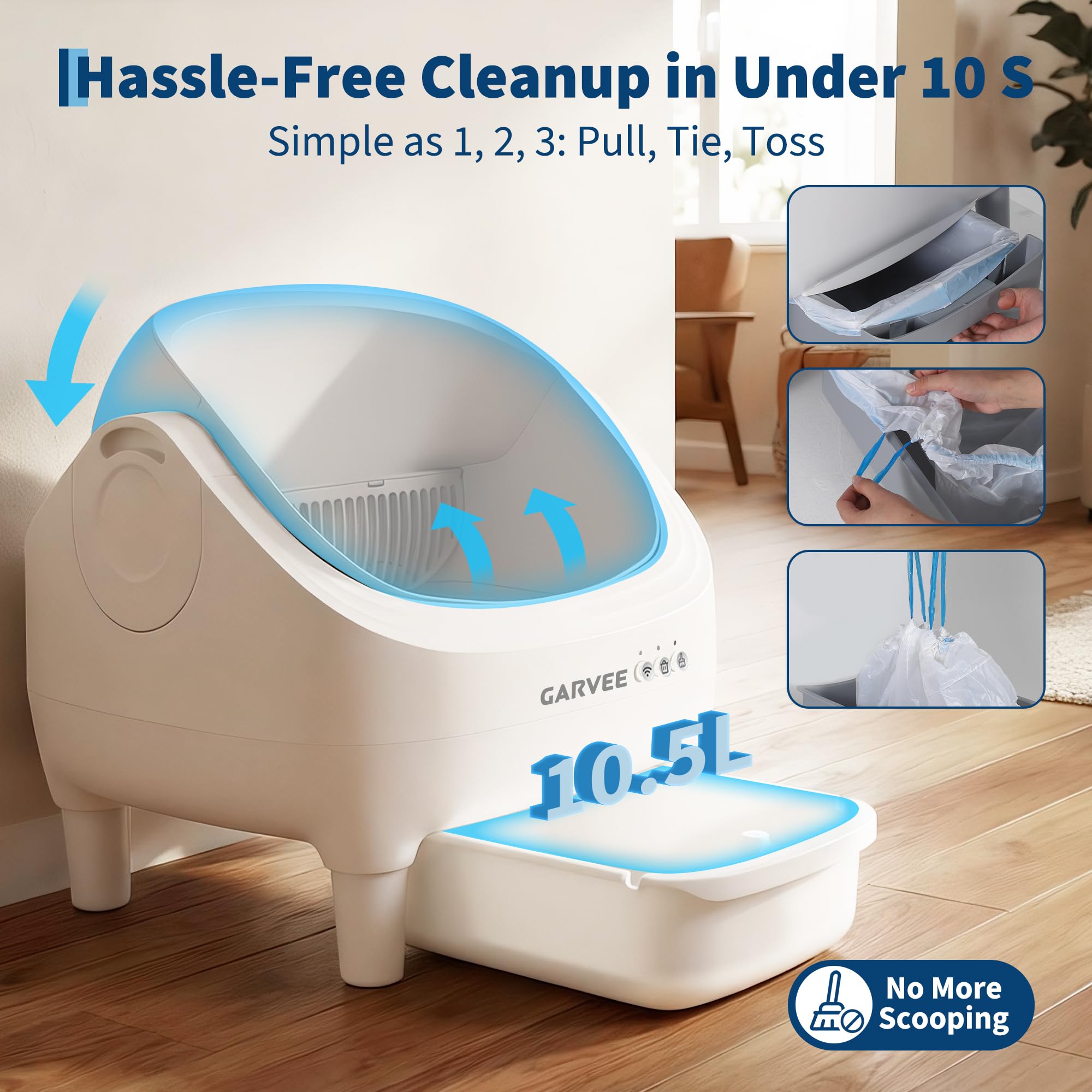 Self Cleaning Litter Box, Automatic Cat Litter Box with APP Control, Odor-Free Waste Disposal Includes Trash Bags, Large Waste Bin, Open-Top, for Multiple Cats, White - image 4