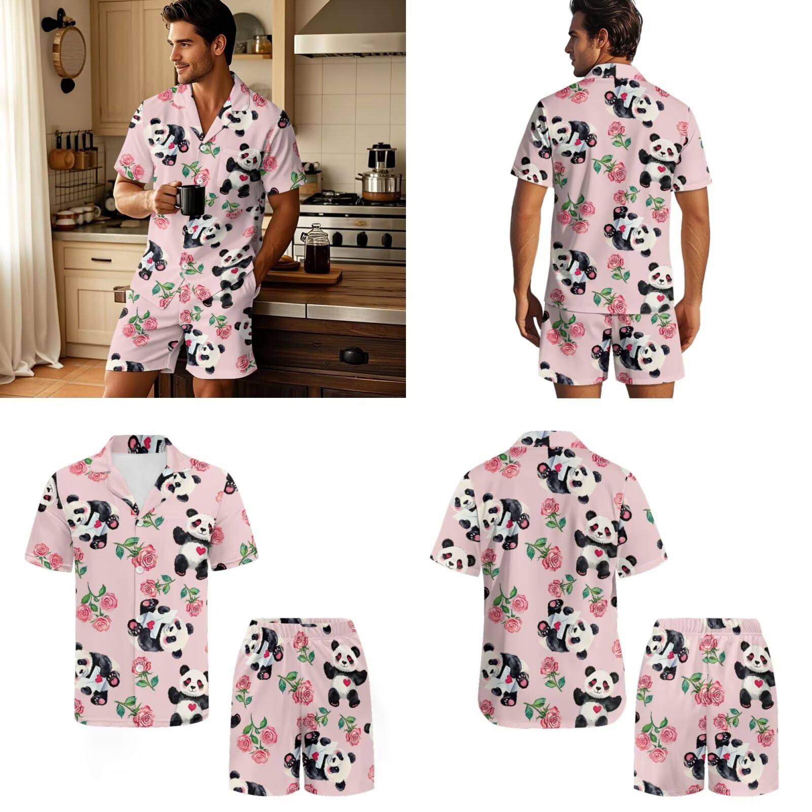 Conjunto de pijama a juego para parejas, casual, manga corta, con botones, con pantalones y bolsillos