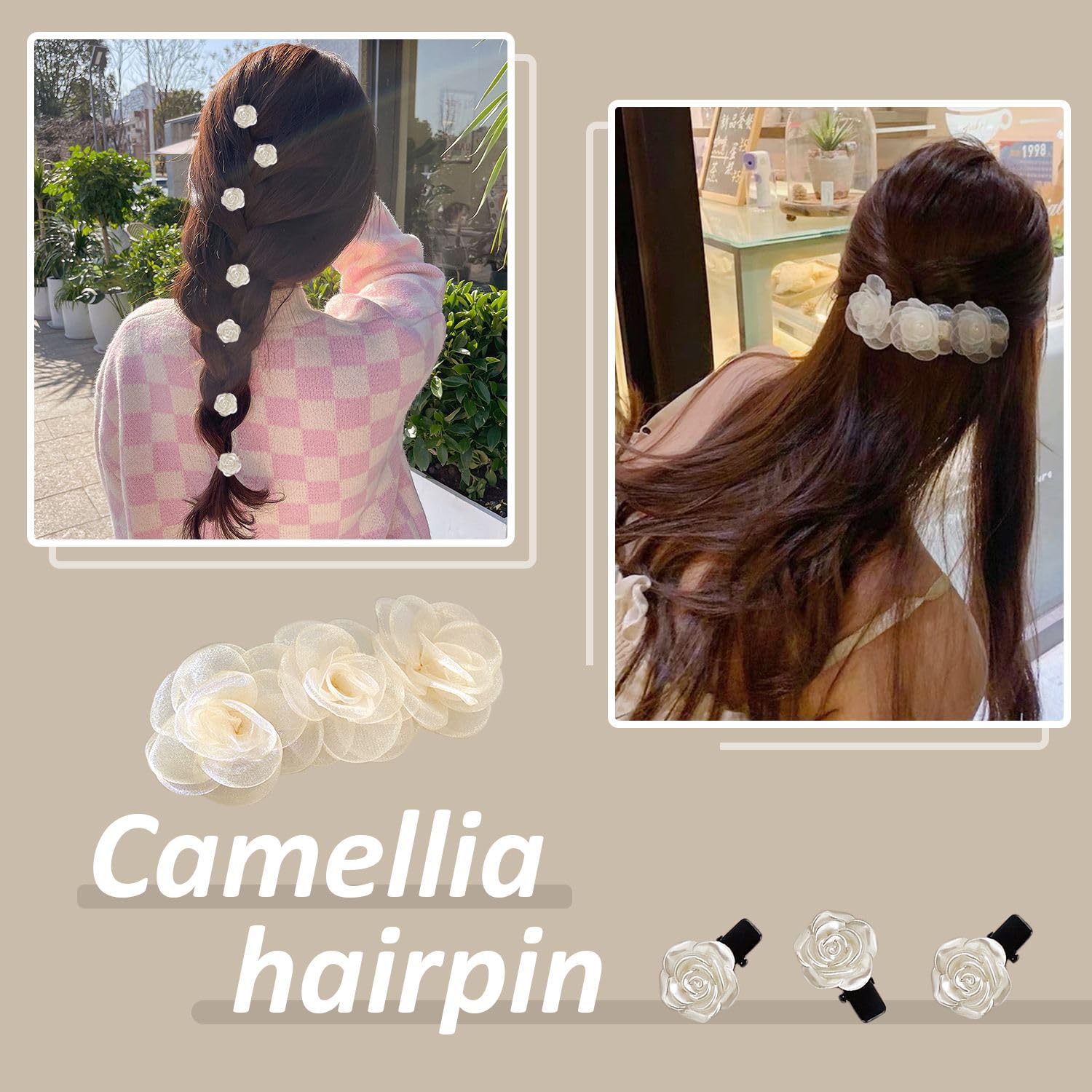 1 horquilla de camelia, 5 horquillas pequeñas, horquillas hechas a mano para niñas, tiara blanca, flores para el pelo