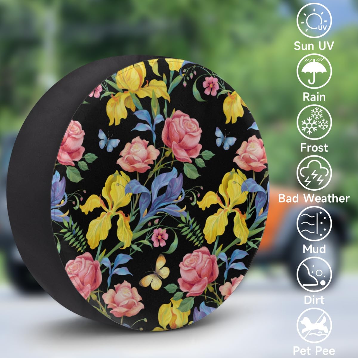 Rose Butterfly Tire Covers Portable Spare Tire Cover Soft Durable Waterproof Dustproof Set of 4 Bags 16 Inches for Car Truck SUV Trailer Camper