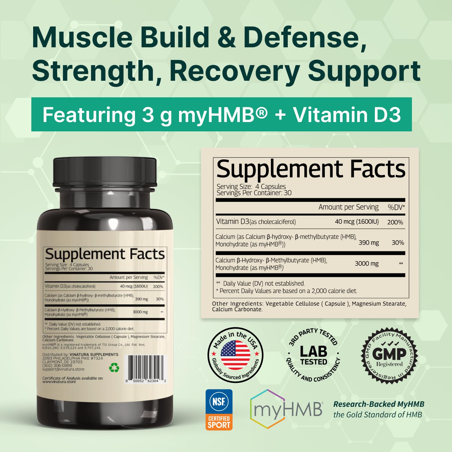 VINATURA HMB 3000mg and Vitamin D3 Supplement - Muscle Defense with HMB (Beta-Hydroxy Beta-Methylbutyrate), Vitamin D3 (1600 IU), Labs Tested & NSF Certified for Sport - 120 Capsules — Amazon image 3