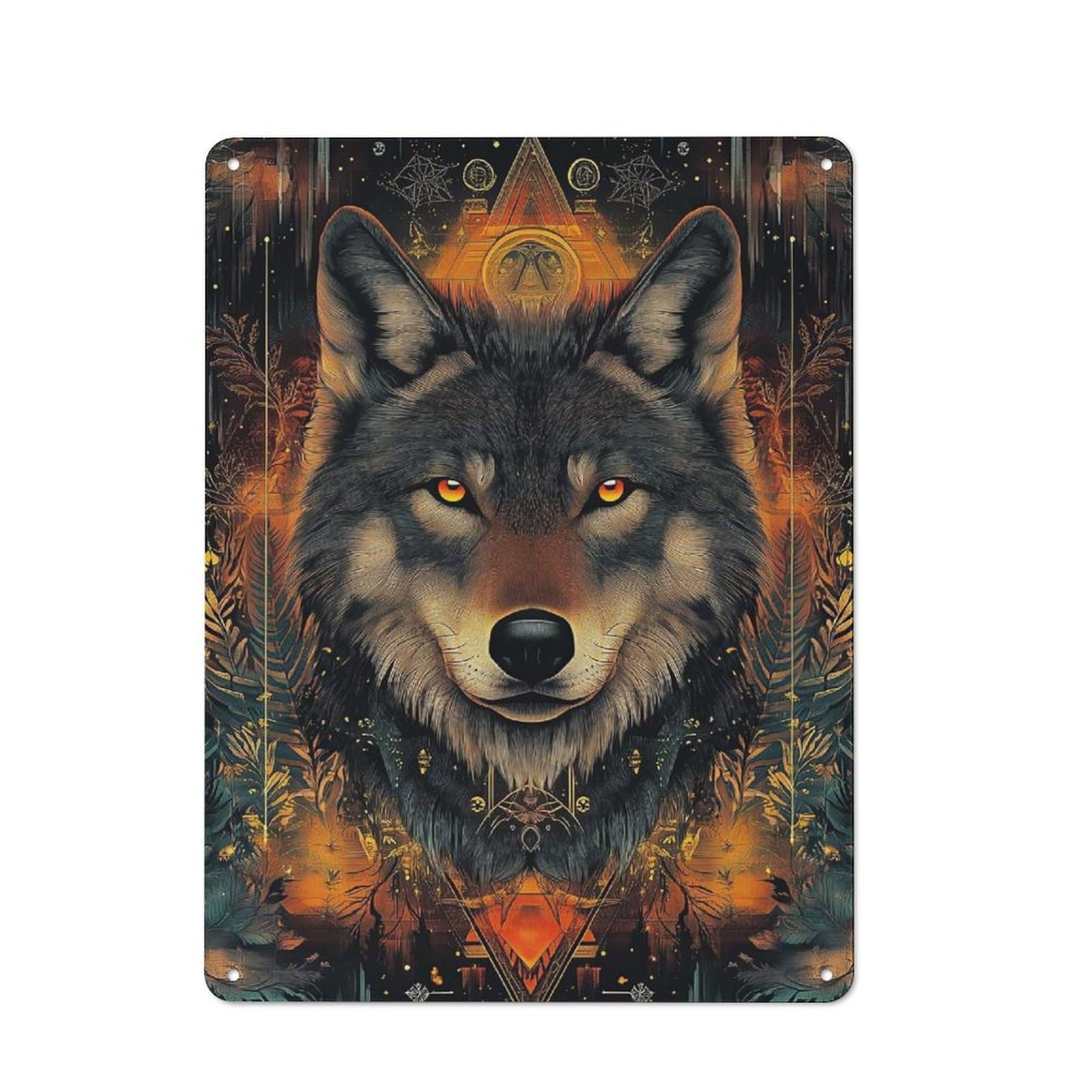Wolf with Golden Eyes Geometric Style Tin Sign 40x30cm, Rustic Home Bar Decor for Cafe, Pub, Workshop Or Home Bar, for Casual British Interiors