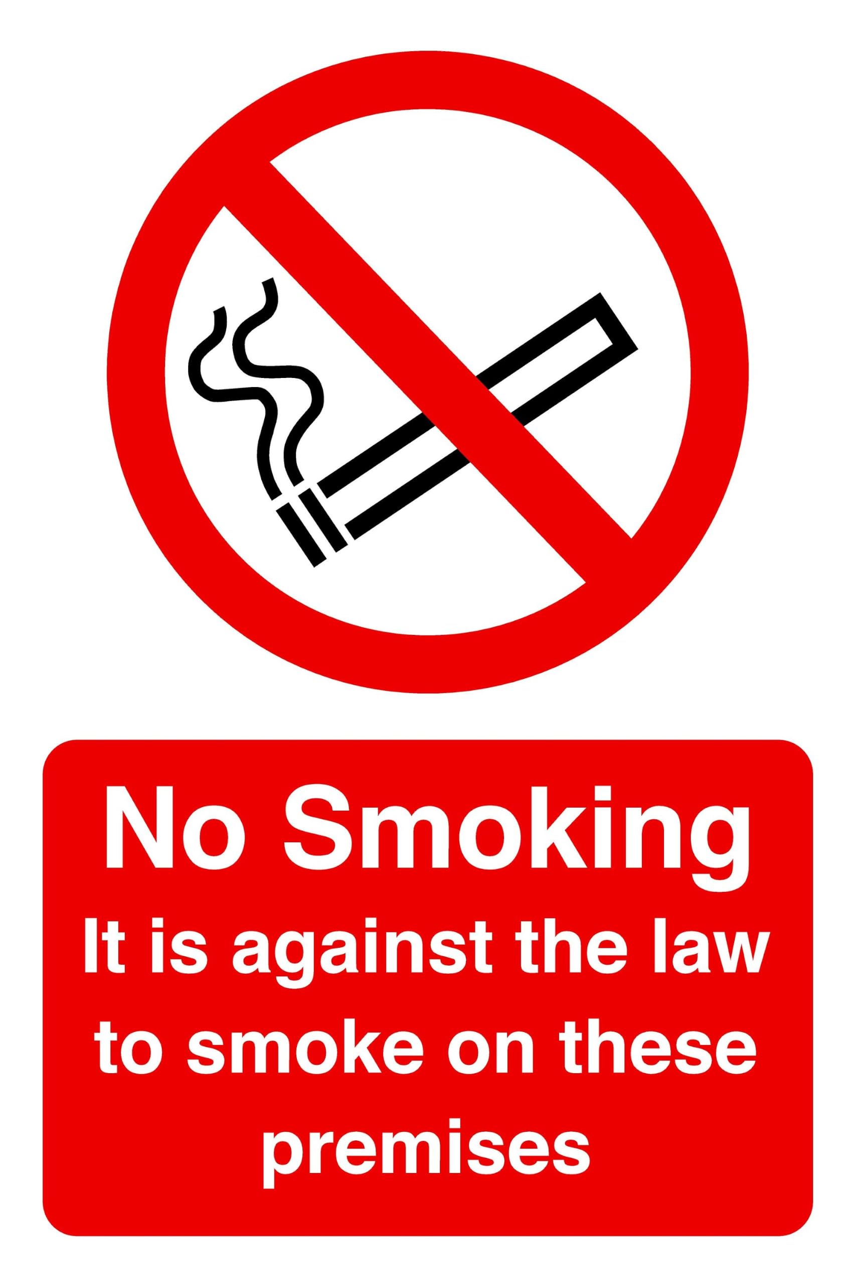 Safety First Display LTD No smoking it is against the law to smoke in these premises sign - 1.2mm Rigid plastic for indoor/outdoor usage (300mm x 200mm) Viewing Distance within 7m.