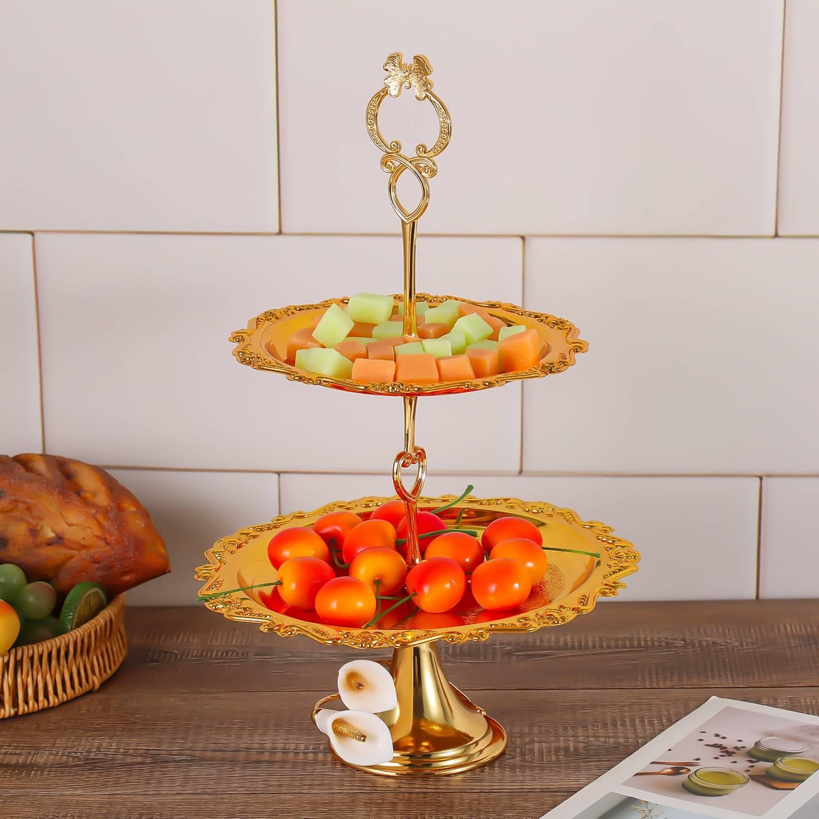 predolo Alzata a Due Piani Decorativa Alzata con Manico Versatile Supporto per Buffet, Matrimonio , Argento