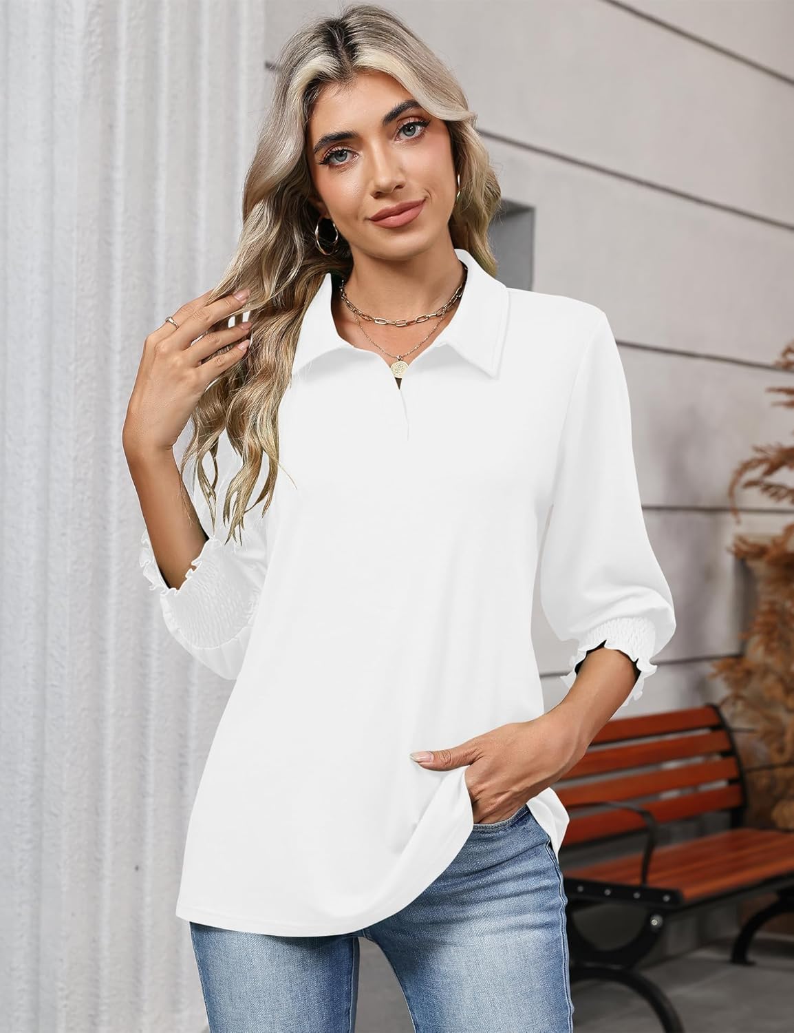 Ivicoer Womens 3/4 Length Sleeves Polo Shirts Collared Tops Business Casual Blouses Basic Tees Trendy Outfits Spring Clothes - Image 2