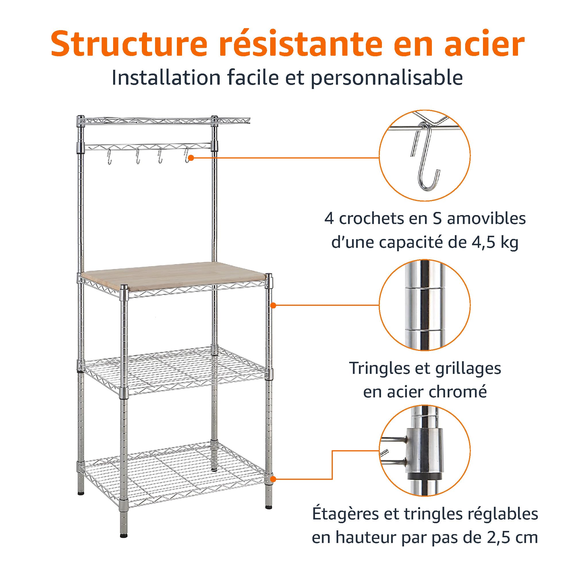 Amazon Basics Küchenregal, Bäckergestell mit Holztisch, 61 cm breit, Chromé/Beige
